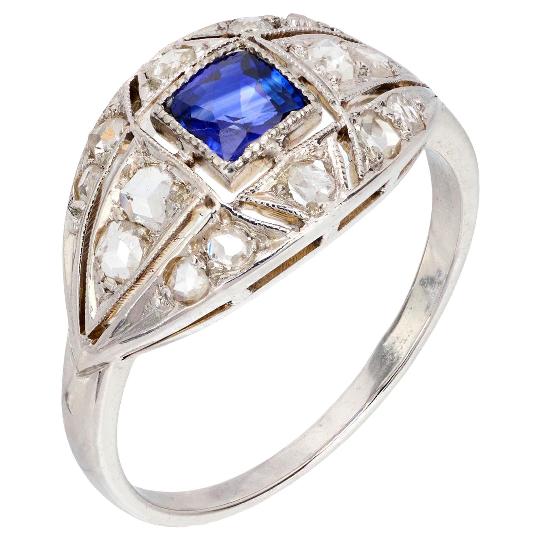 Art Deco French sapphire diamond 18k white gold ring