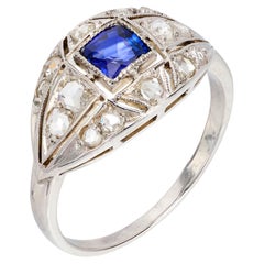 Vintage Art Deco French sapphire diamond 18k white gold ring