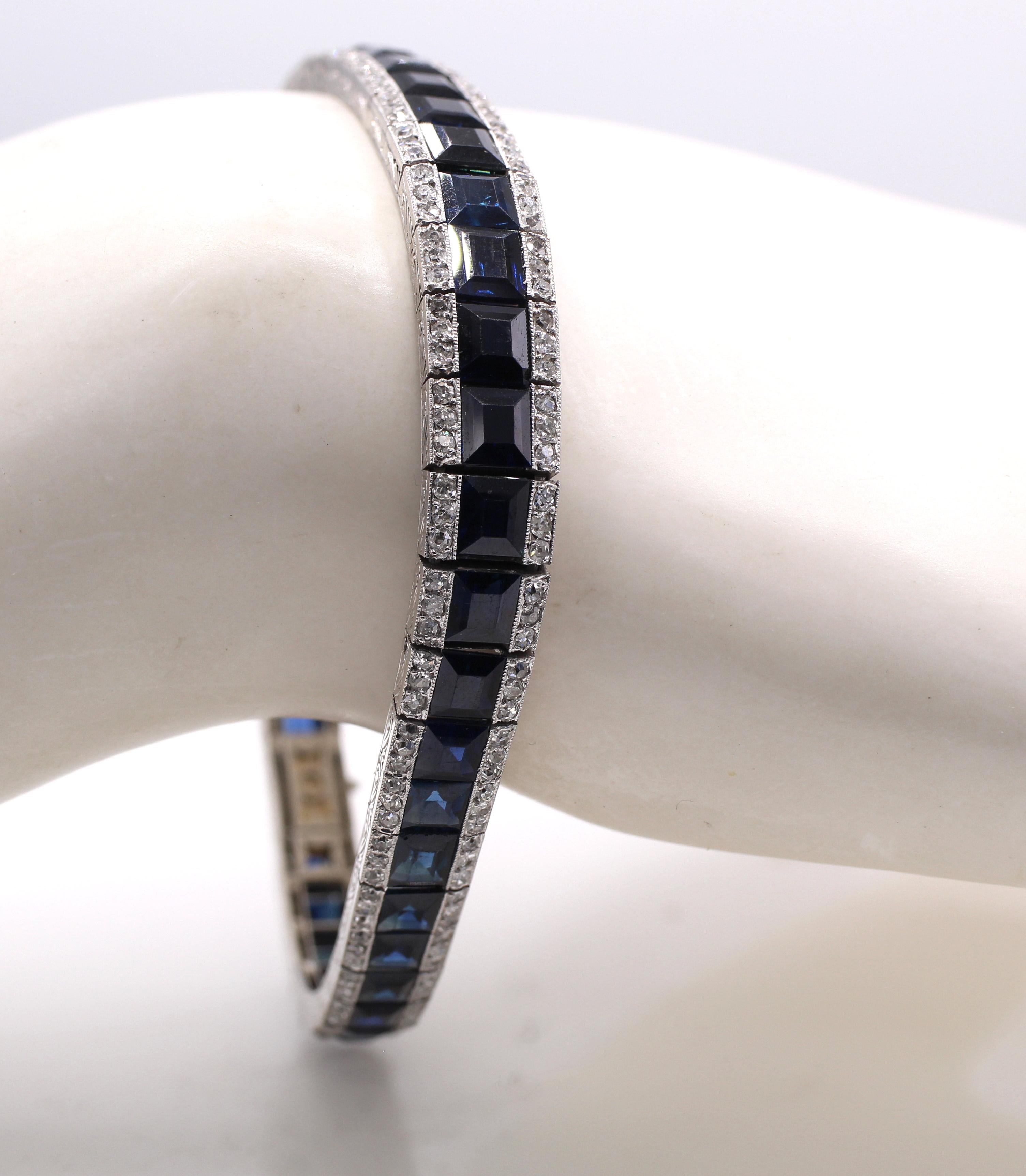 Emerald Cut Art Deco French Sapphire Diamond Line Bracelet For Sale
