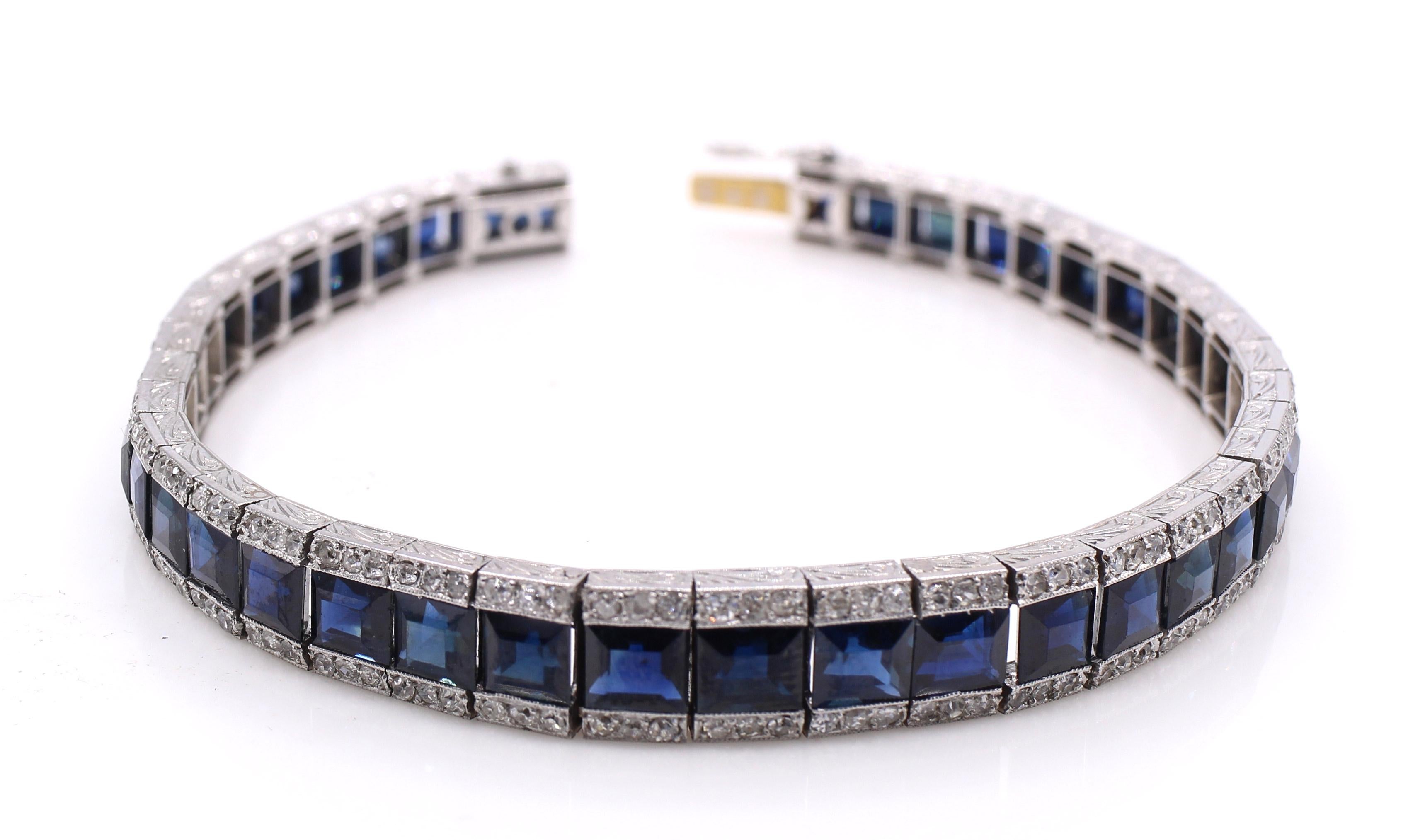 Art Deco French Sapphire Diamond Line Bracelet In Excellent Condition For Sale In New York, NY