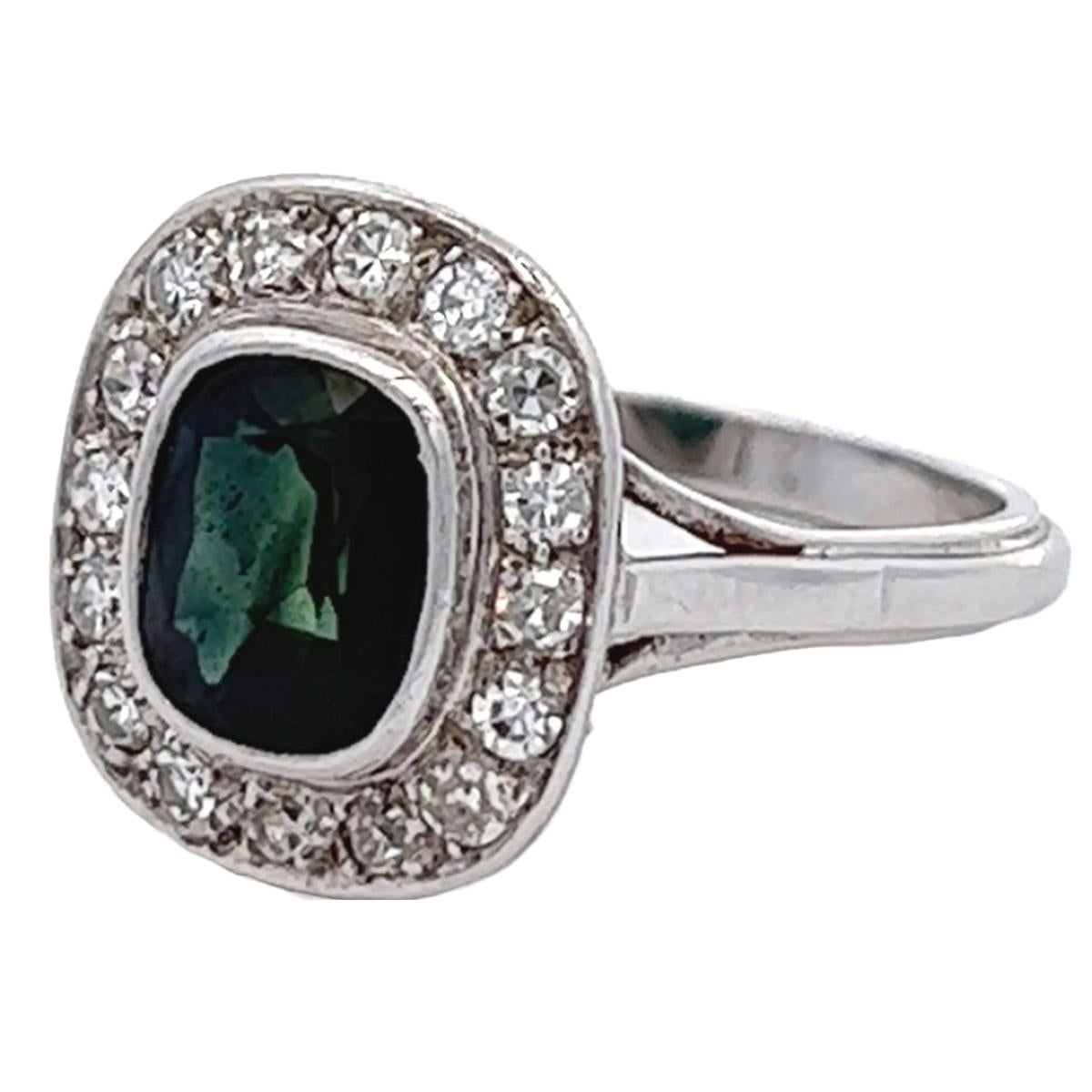 Women's or Men's Art Deco French Sapphire Diamond Platinum 18k Gold Halo Ring