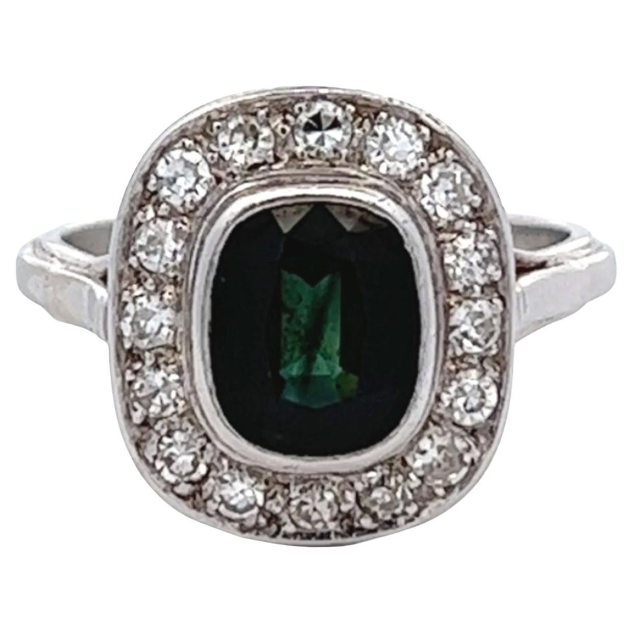 Art Deco French Sapphire Diamond Platinum 18k Gold Halo Ring