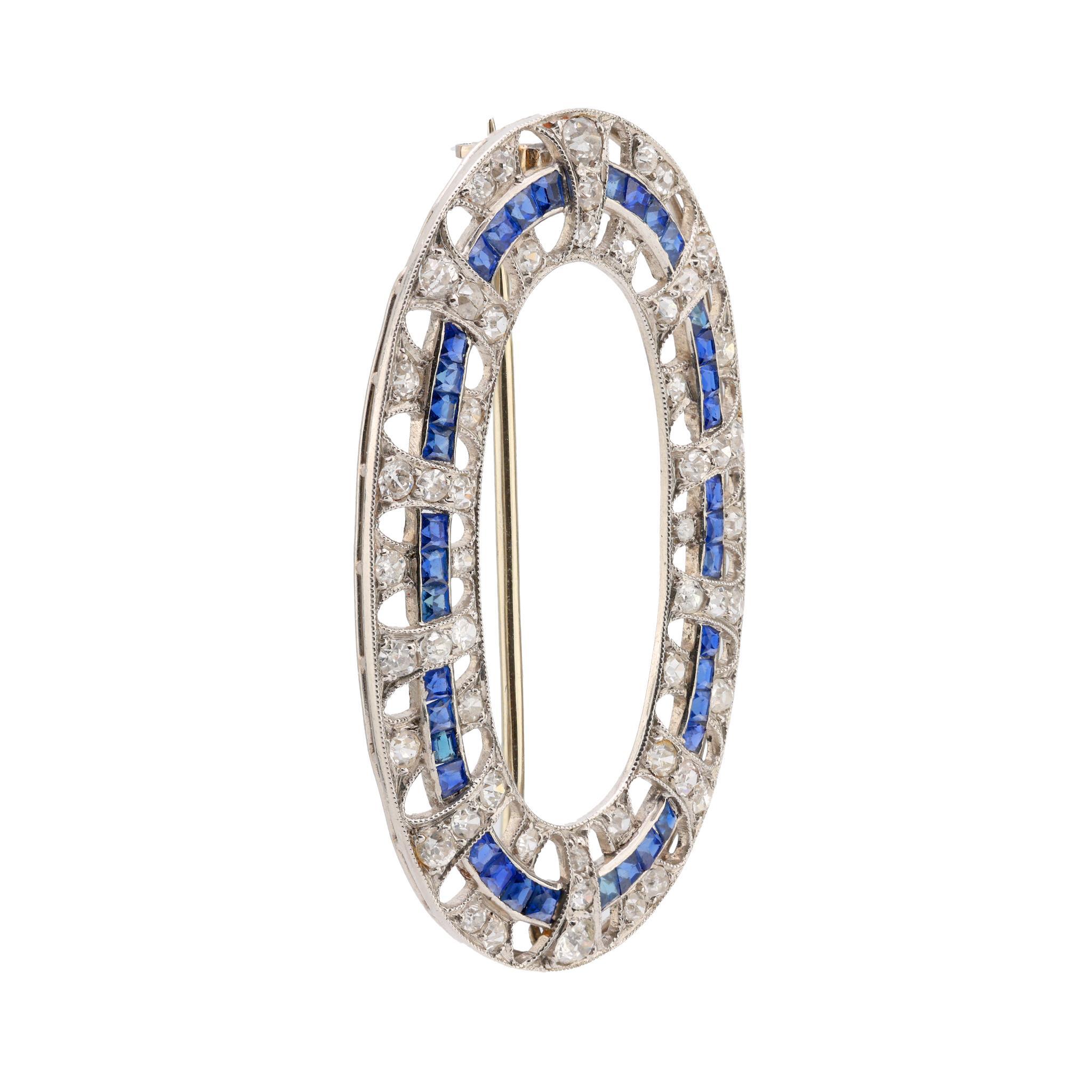 French Cut Art Deco French sapphire diamond platinum brooch