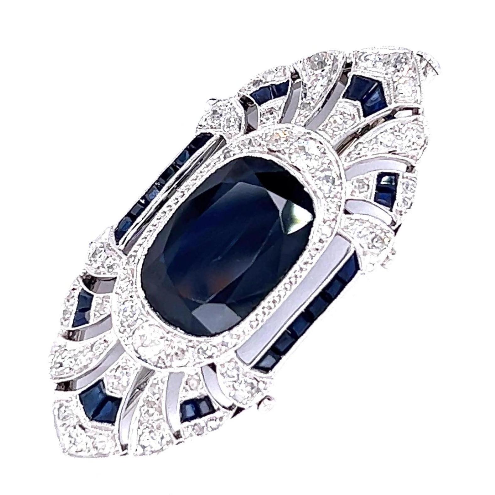 Art Deco French GIA No Heat Australian Sapphire Diamond Platinum Brooch In Excellent Condition In Beverly Hills, CA