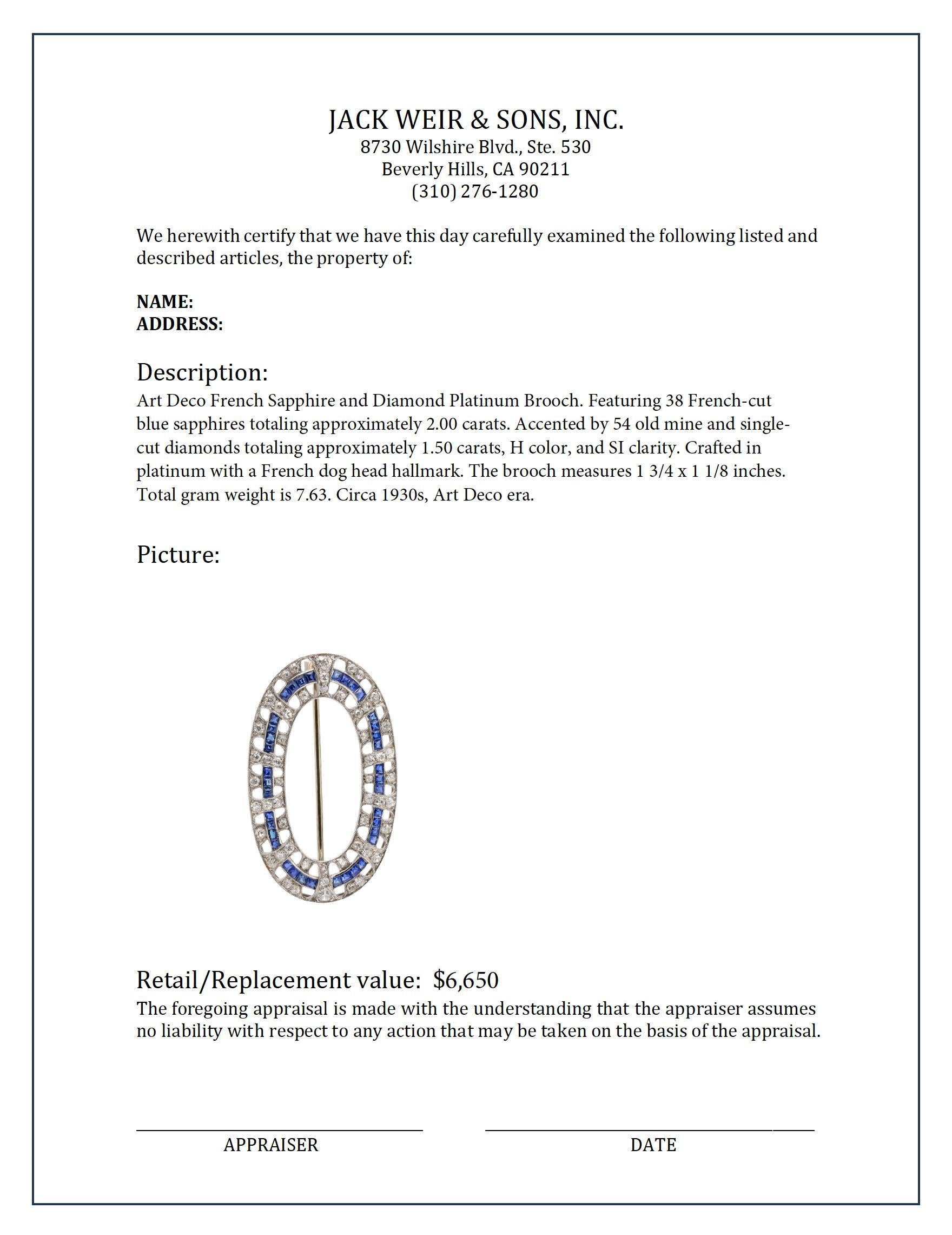 Women's or Men's Art Deco French sapphire diamond platinum brooch