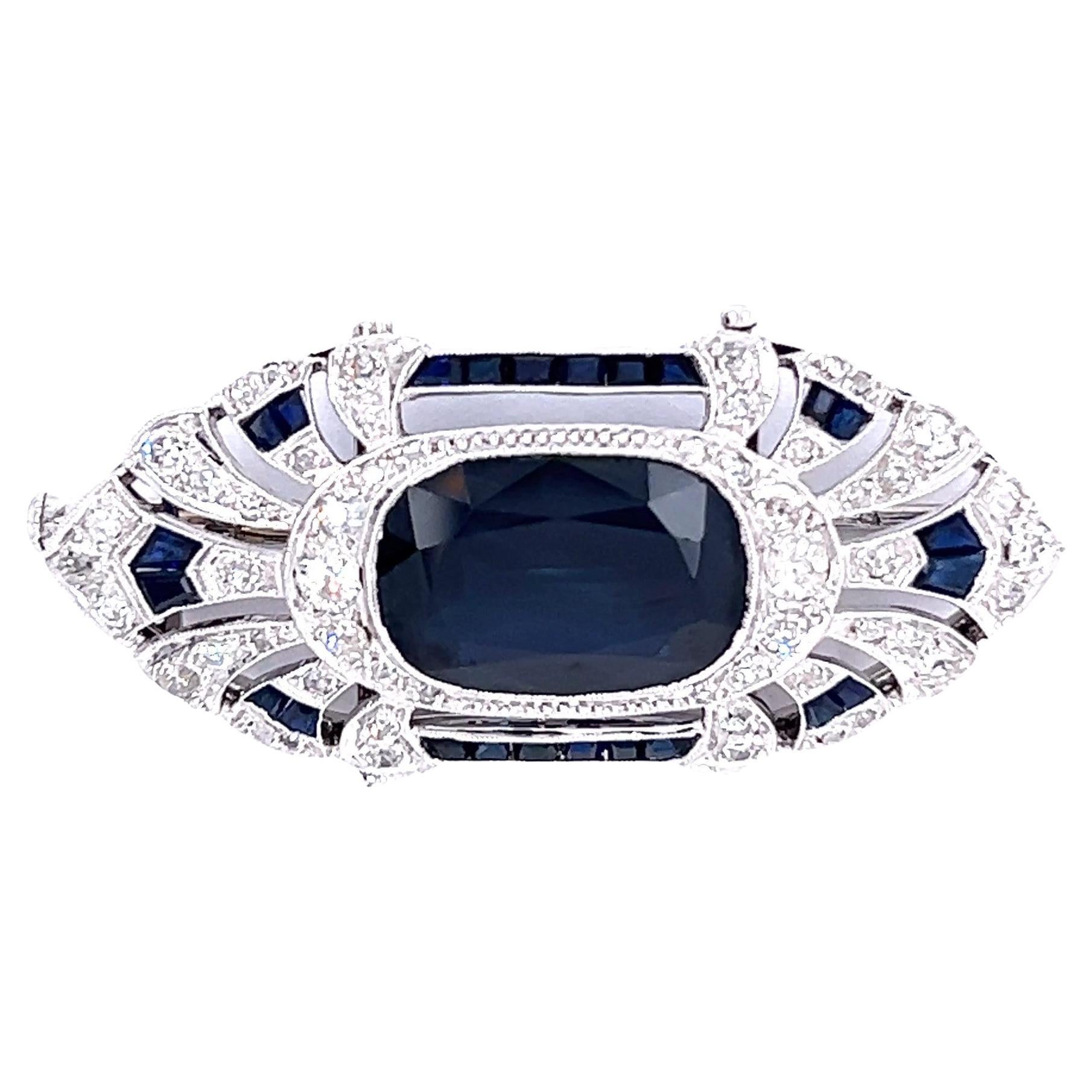 Art Deco French GIA No Heat Australian Sapphire Diamond Platinum Brooch