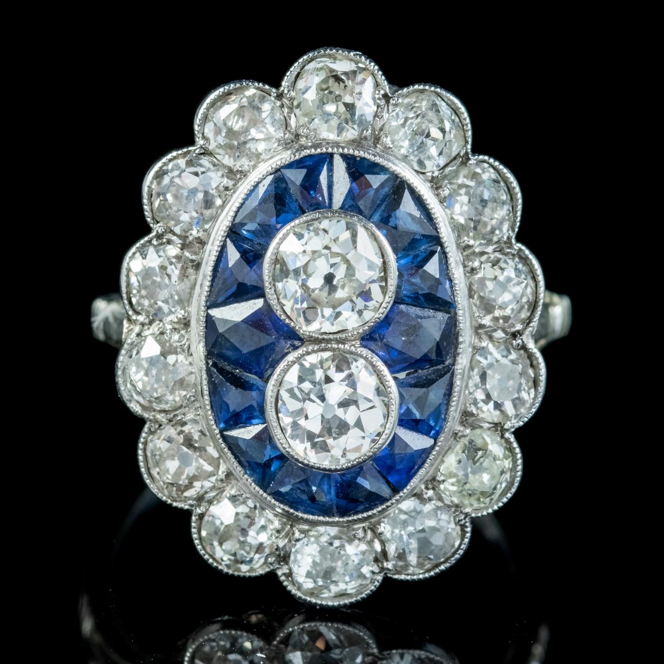 French Cut Art Deco French Sapphire Diamond Ring 3.20ct Of Diamond Circa 1920 Boxed For Sale