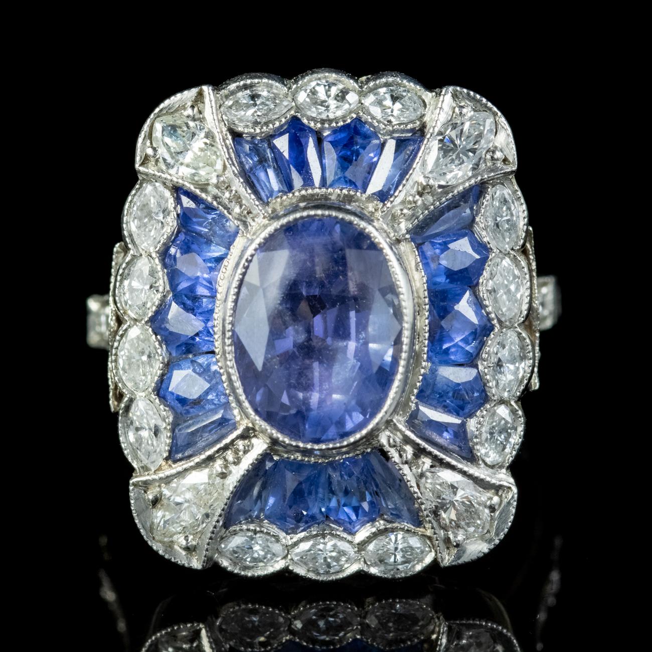 French Cut Art Deco French Sapphire Diamond Ring 3ct of Sapphire Circa 1920 For Sale
