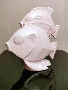 Art Deco French Sculpture of Two Fish in Craquelé Porcelain