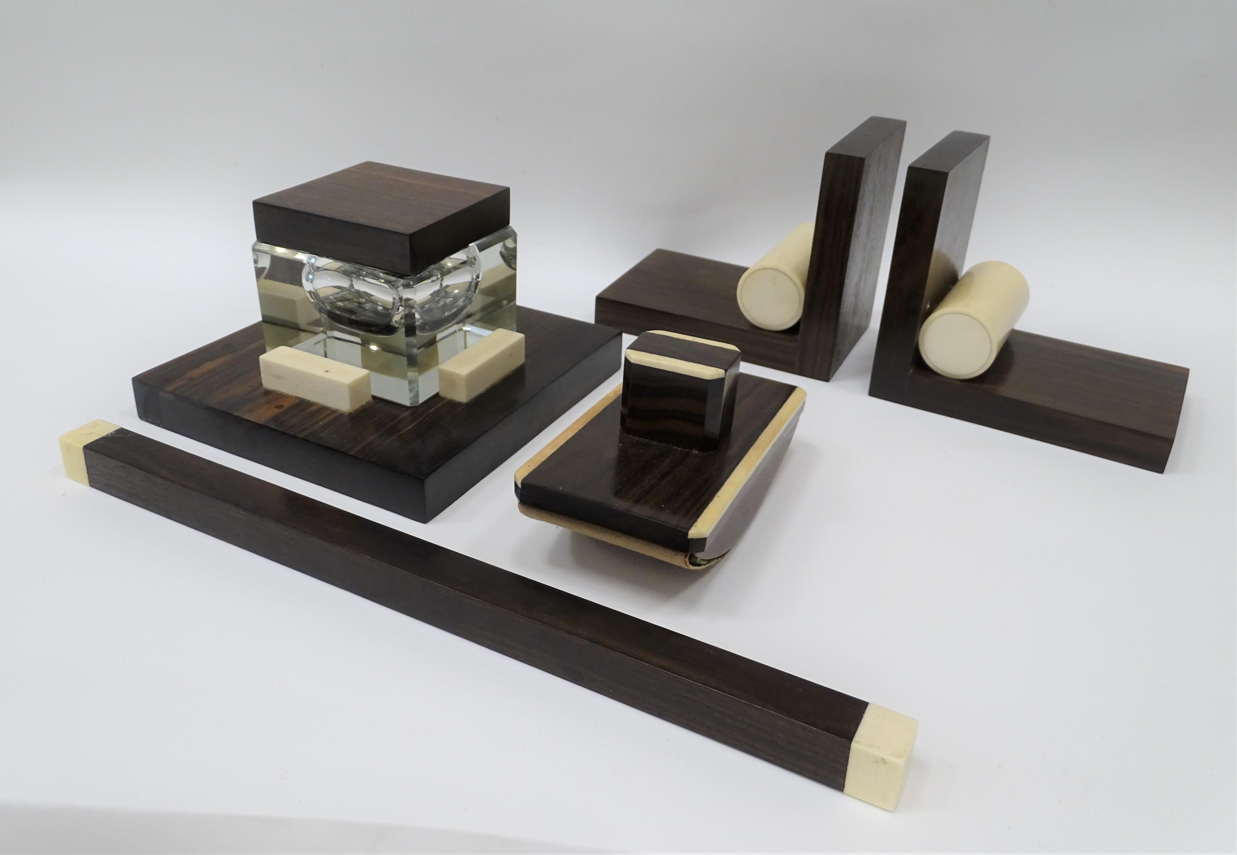 Mid-20th Century Art Deco French Set of Desk Accessories, 5 Pieces Wood and  Inlaid For Sale