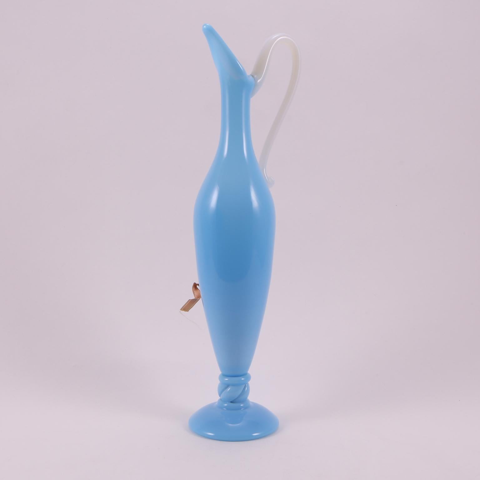 Early 20th Century Art Deco French Sèvres Light Turquoise Hand Blown Opaline Glass Pitcher, 1920 For Sale