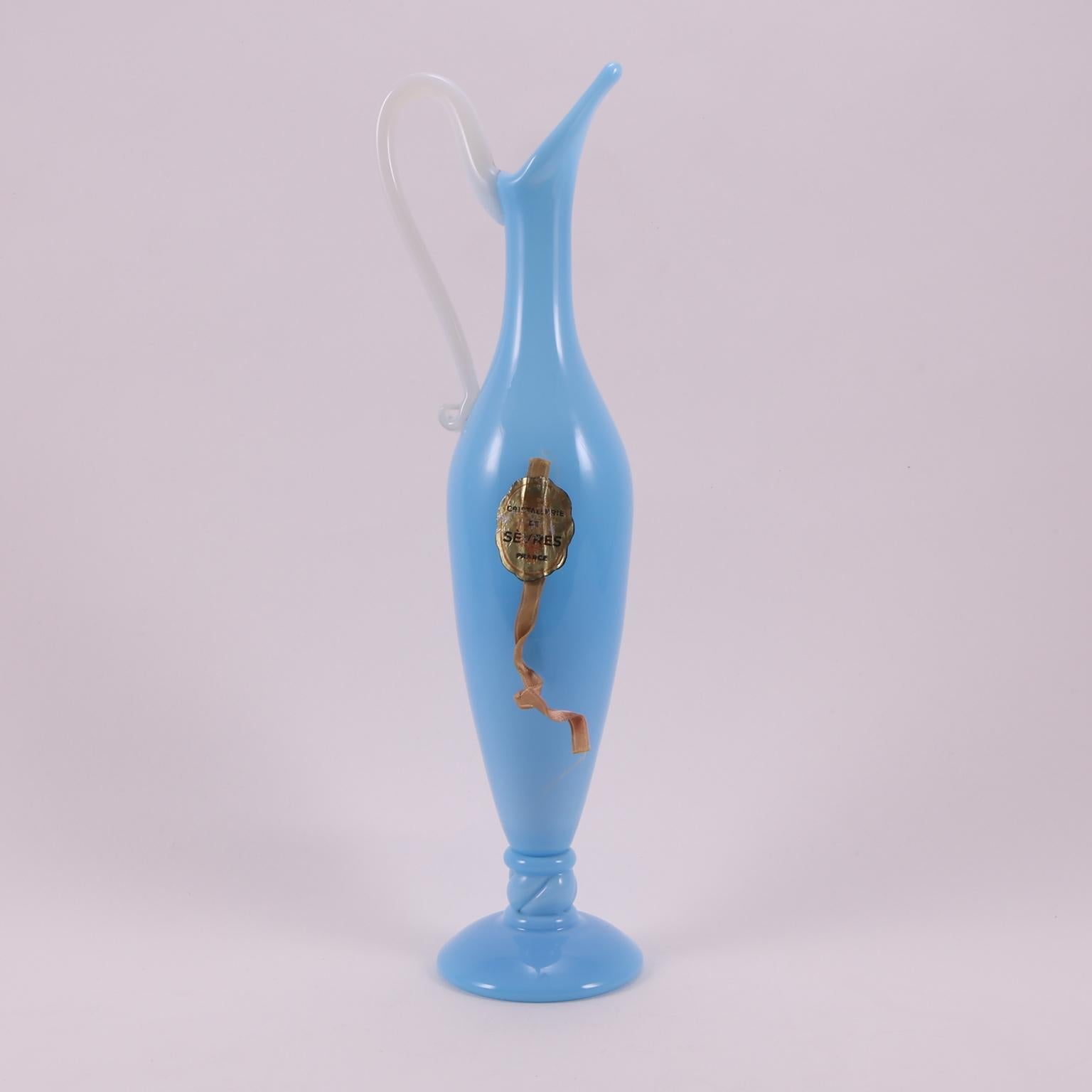 Art Deco French Sèvres Light Turquoise Hand Blown Opaline Glass Pitcher, 1920 For Sale 3