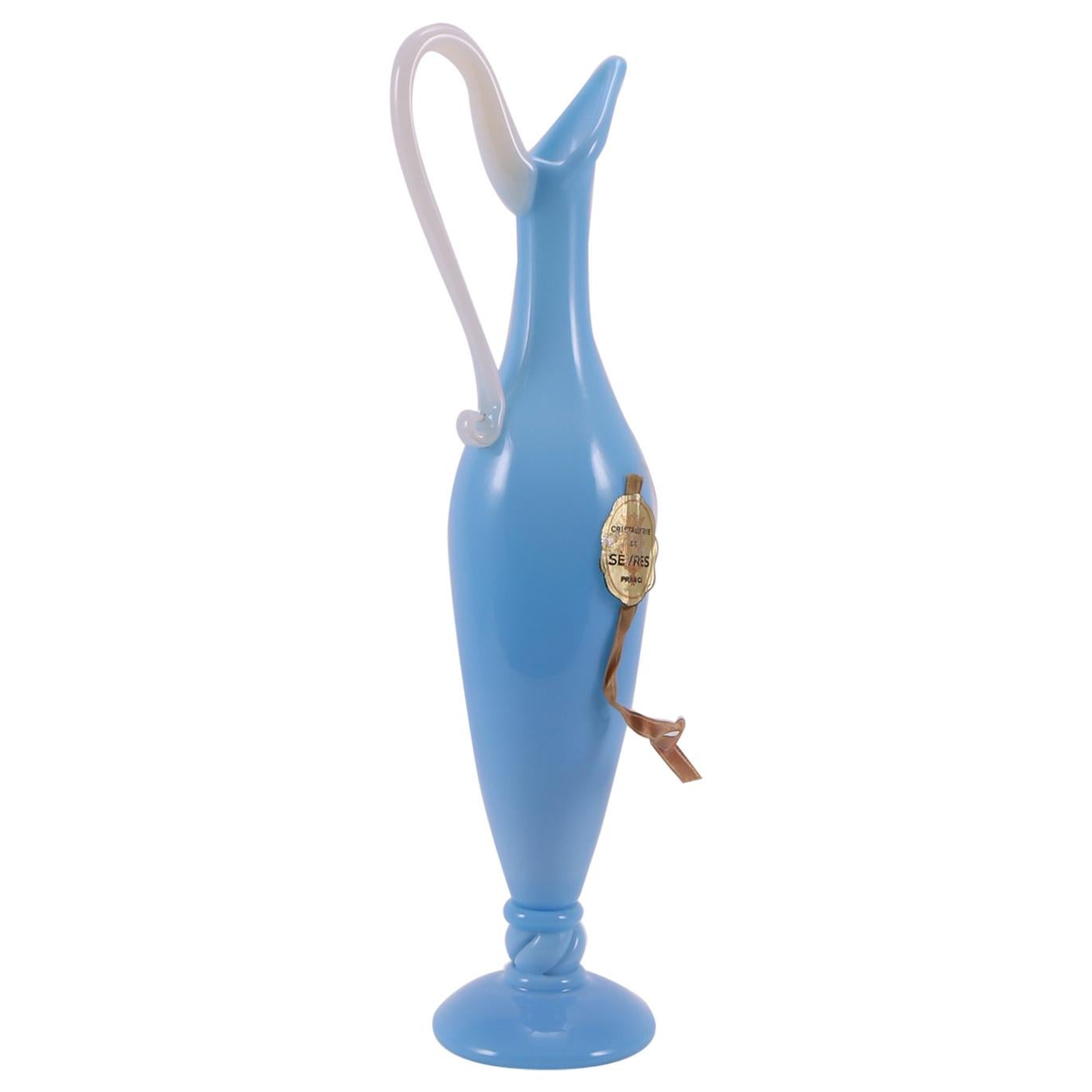 Art Deco French Sèvres Light Turquoise Hand Blown Opaline Glass Pitcher, 1920 For Sale