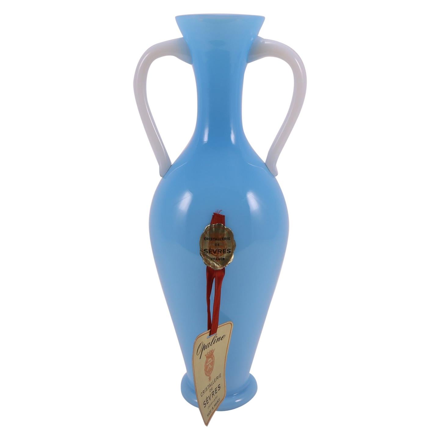 Art Deco French Sèvres Light Turquoise Handblown Opaline Glass Vase, 1920 For Sale
