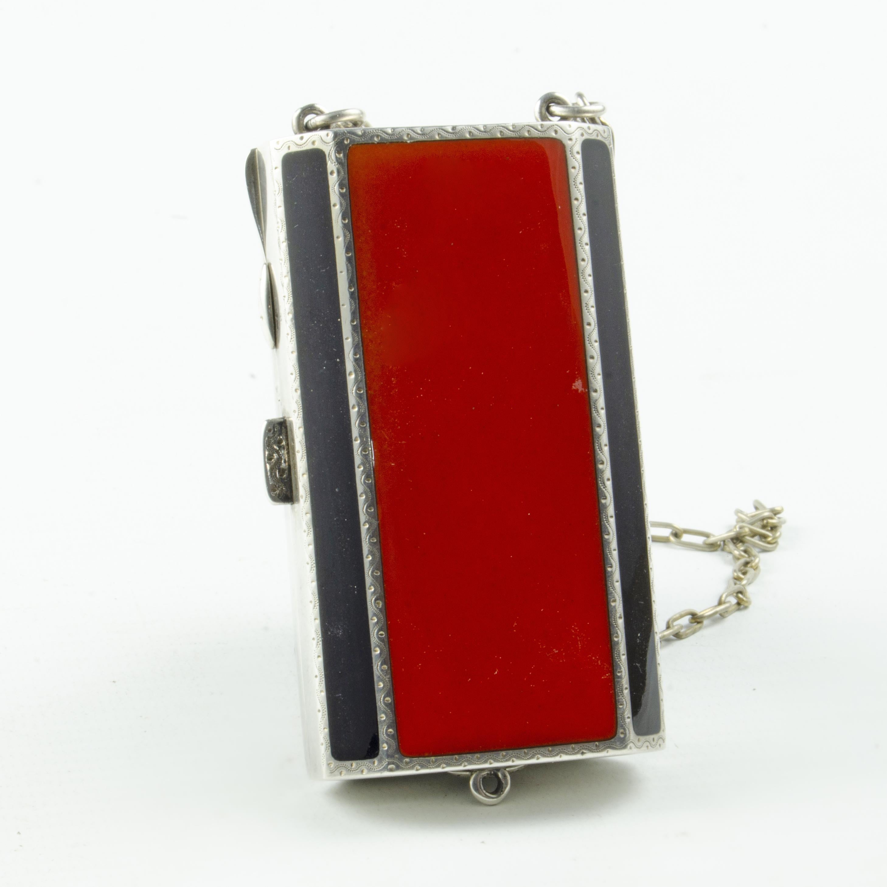 Metal Art Déco French Silver and Enamel Vanity Necklace/Pendant with Mirror, 1940s For Sale