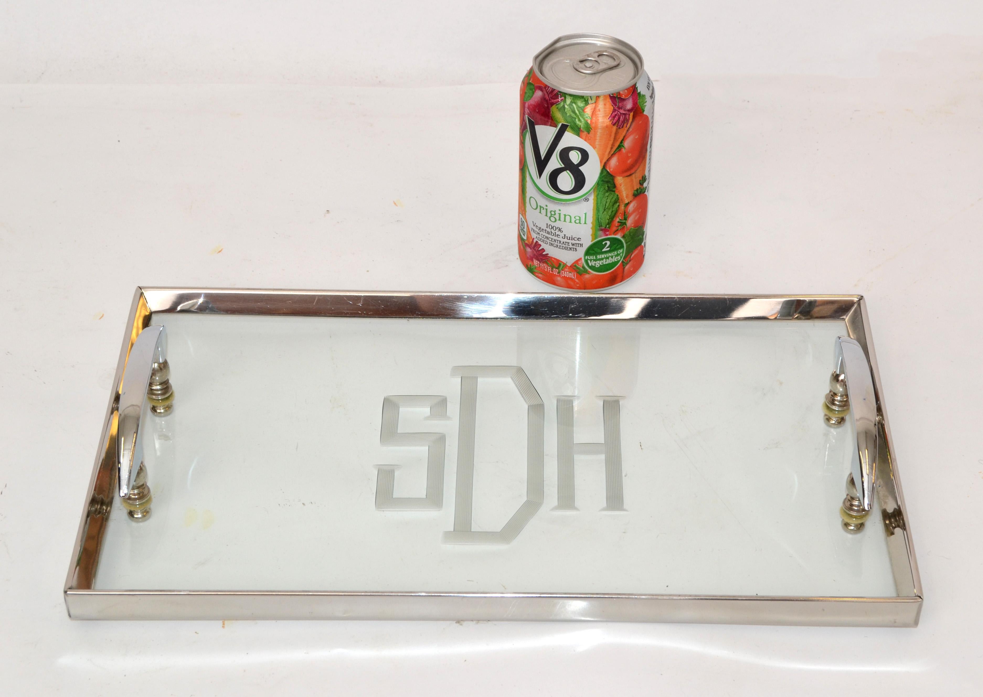 Art Deco French Stainless Steel & Etched SDH Glass Serving Vanity Tray Barware For Sale 5