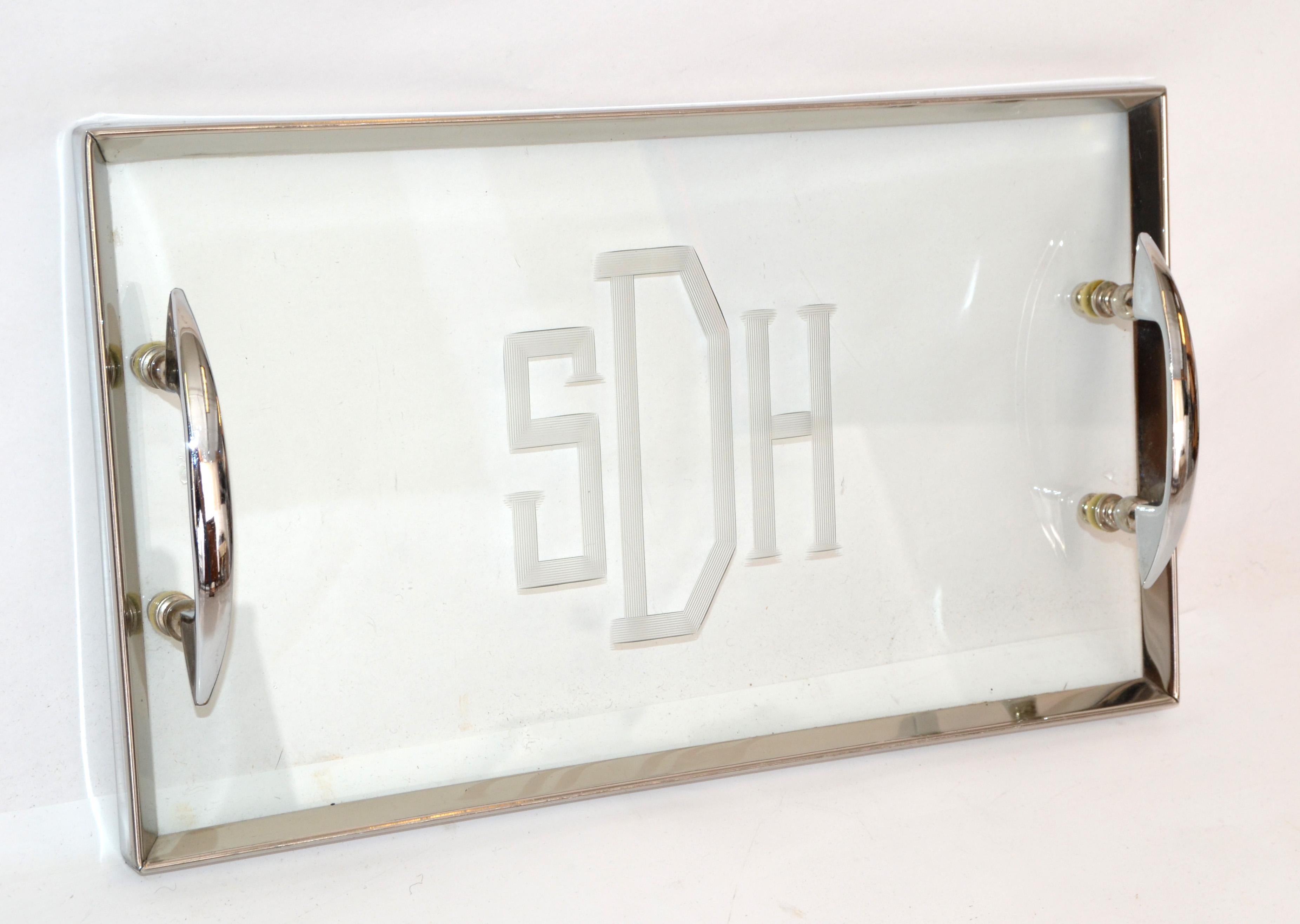 Art Deco French Stainless Steel & Etched SDH Glass Serving Vanity Tray Barware  For Sale 7