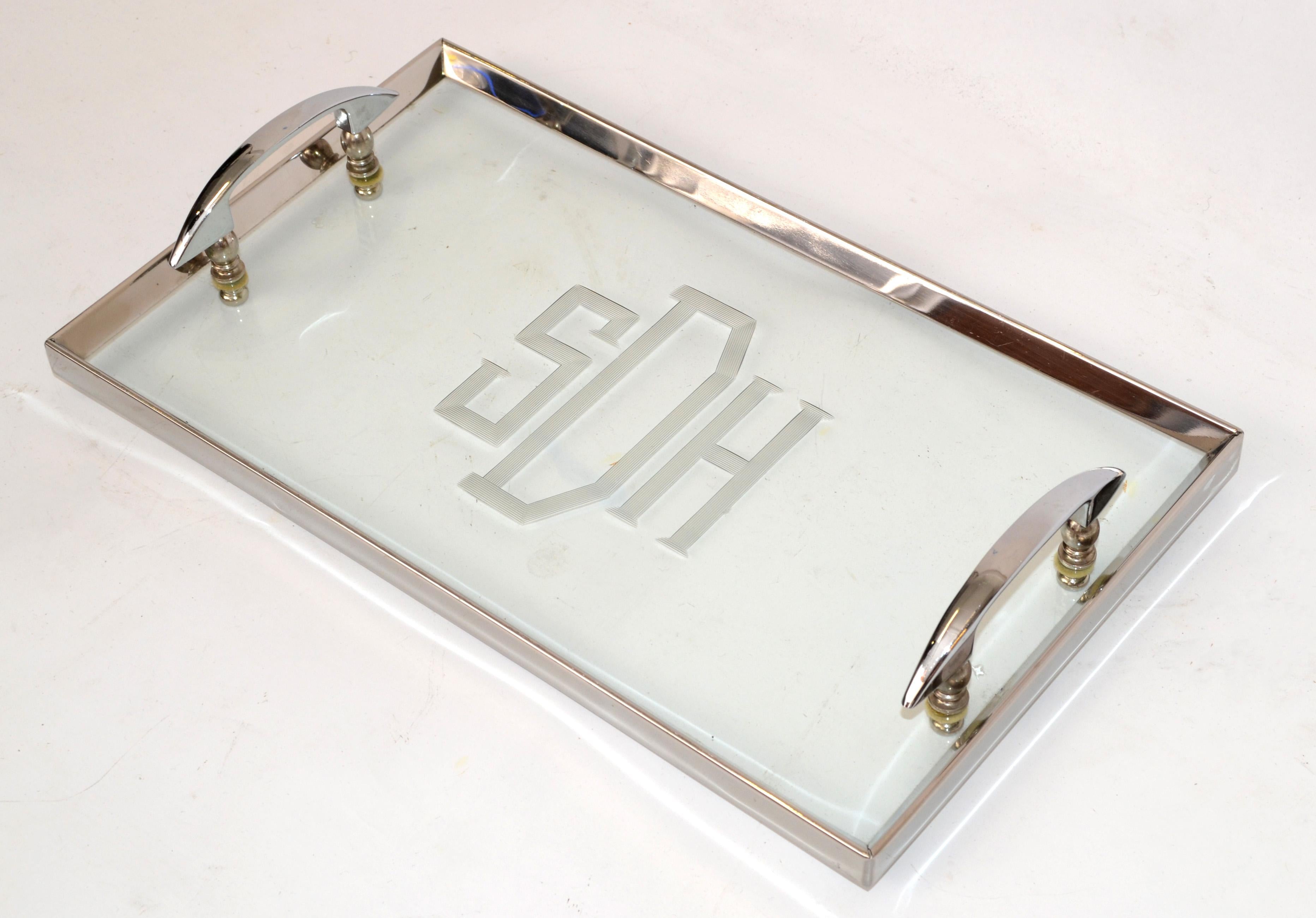 Art Deco French Stainless Steel & Etched SDH Glass Serving Vanity Tray Barware  In Good Condition For Sale In Miami, FL