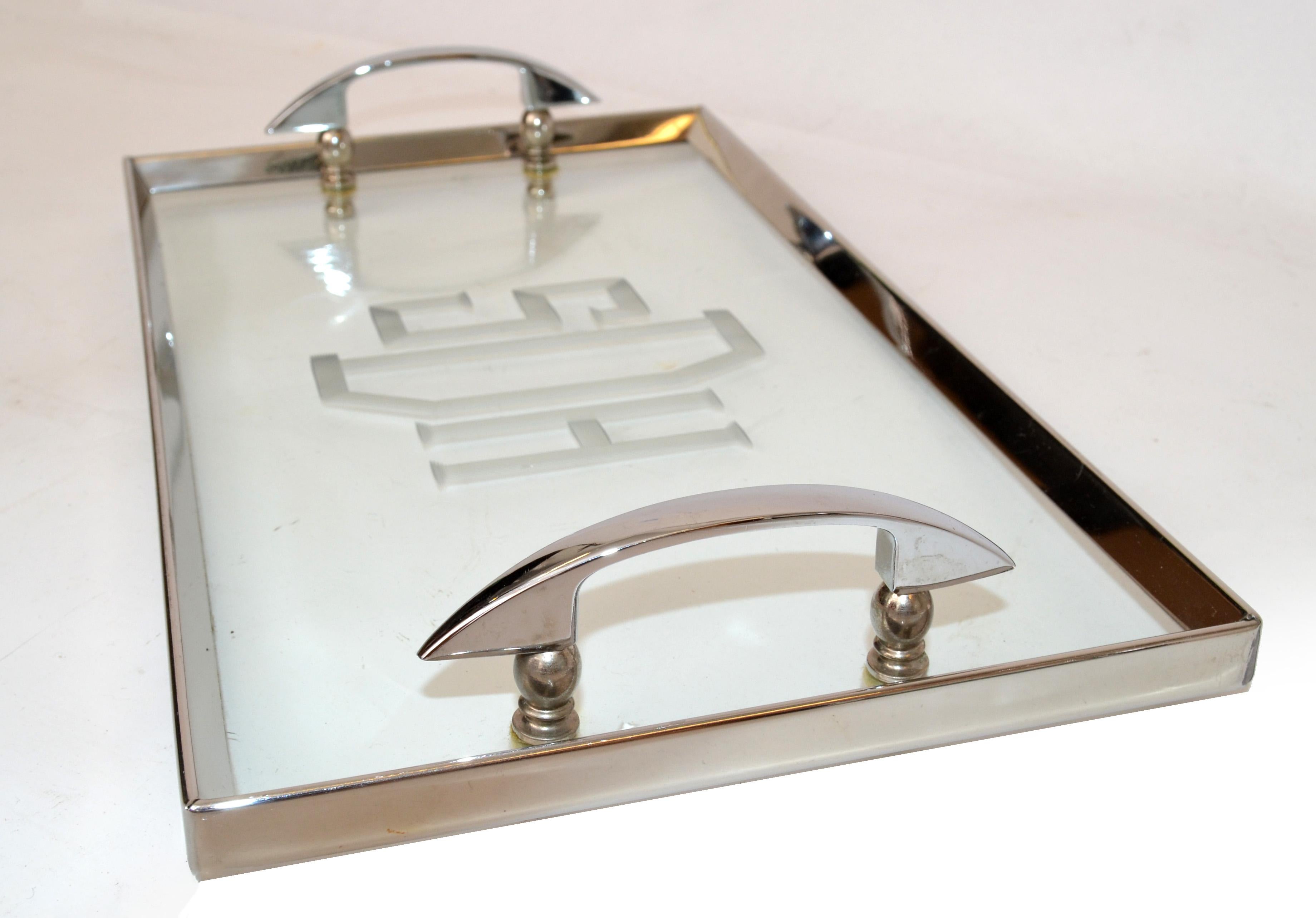 Mid-20th Century Art Deco French Stainless Steel & Etched SDH Glass Serving Vanity Tray Barware  For Sale