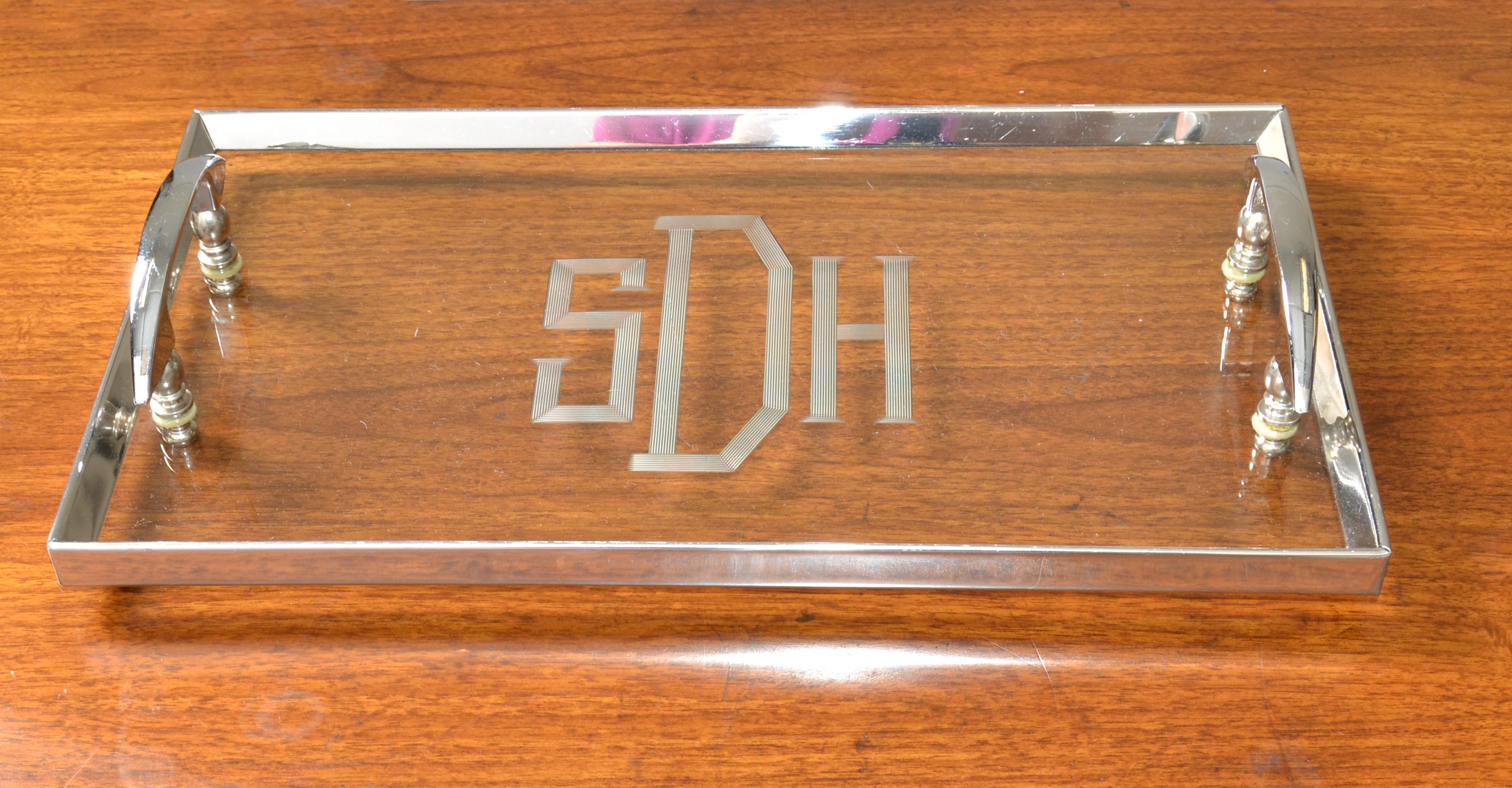 Art Deco French Stainless Steel & Etched SDH Glass Serving Vanity Tray Barware  For Sale 3