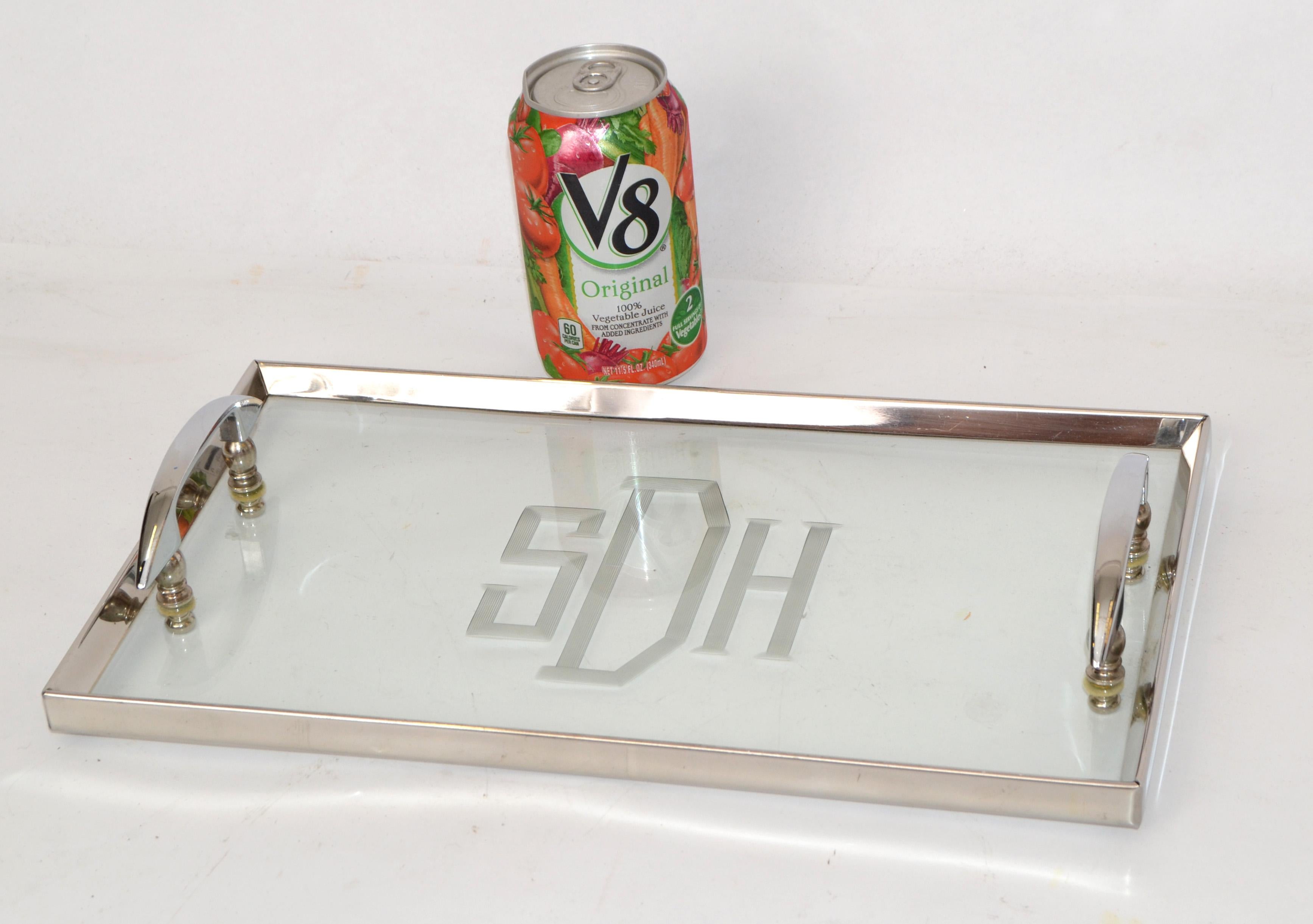 Art Deco French Stainless Steel & Etched SDH Glass Serving Vanity Tray Barware  For Sale 4
