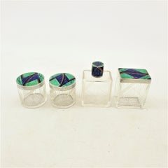 Art Deco French Sterling & Enamel 4 Piece Dresser Set with Geometric Details