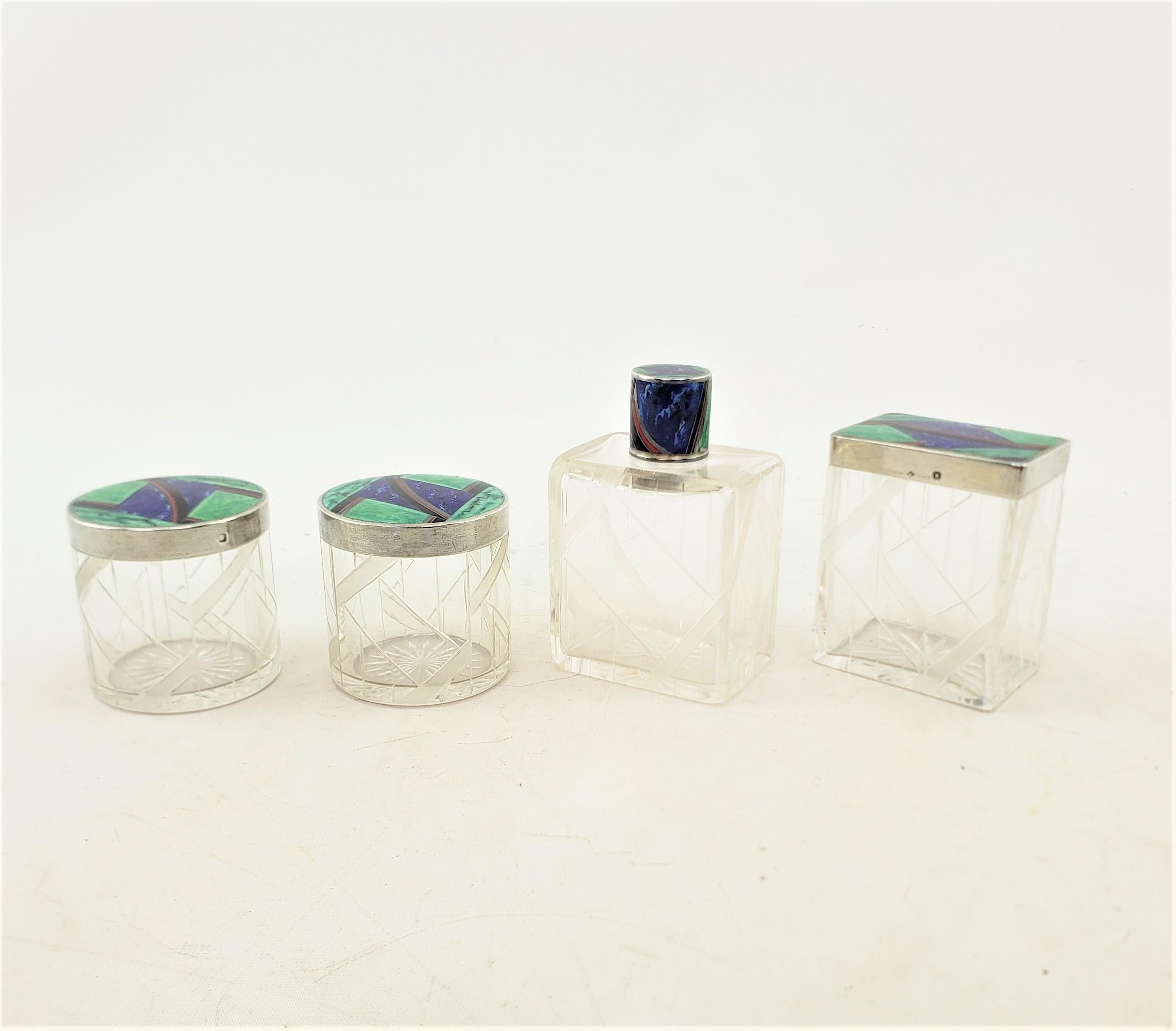 Französisches Art déco-Kommoden-Set aus Sterlingsilber und Emaille mit geometrischen Details, 4 Teile (Glas) im Angebot