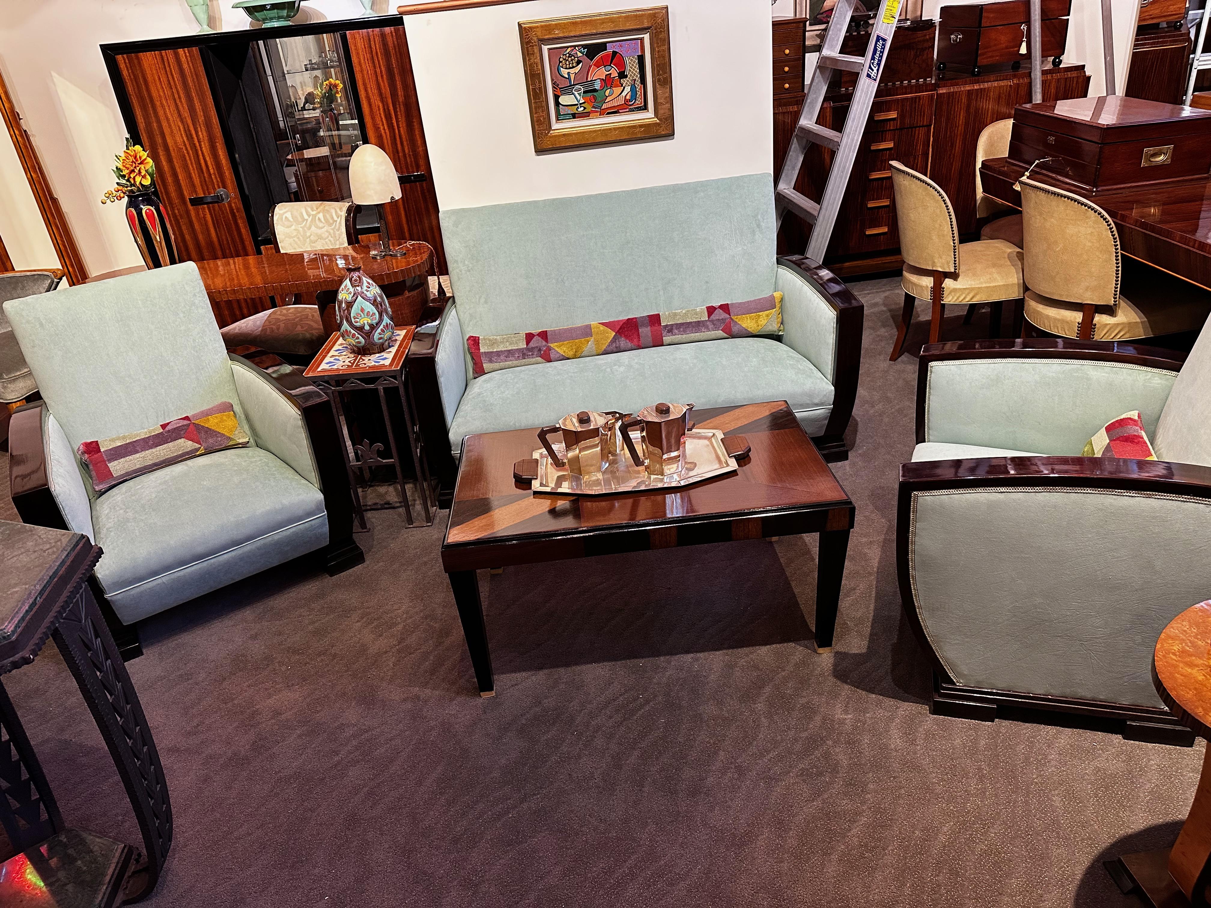 Art Deco French Style Three Piece Sofa Suite, recently restored with new cushioning and soft velvet fabric. These pieces are very comfortable which makes this set a pleasure to own and use. The wood framing has been restored as well. The color is
