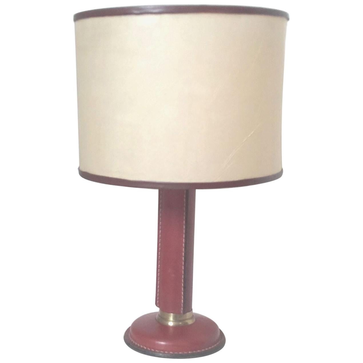 Art Deco French Table Lamp in Stitched Leather and Brass by Quinet For Sale