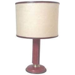 Art Deco French Table Lamp in Stitched Leather and Brass by Quinet