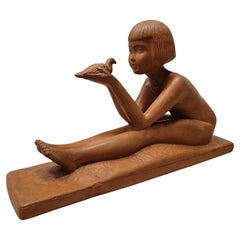 Vintage Art Deco French Terracotta "Girl with a bird" by RAPHAEL PEYRE 