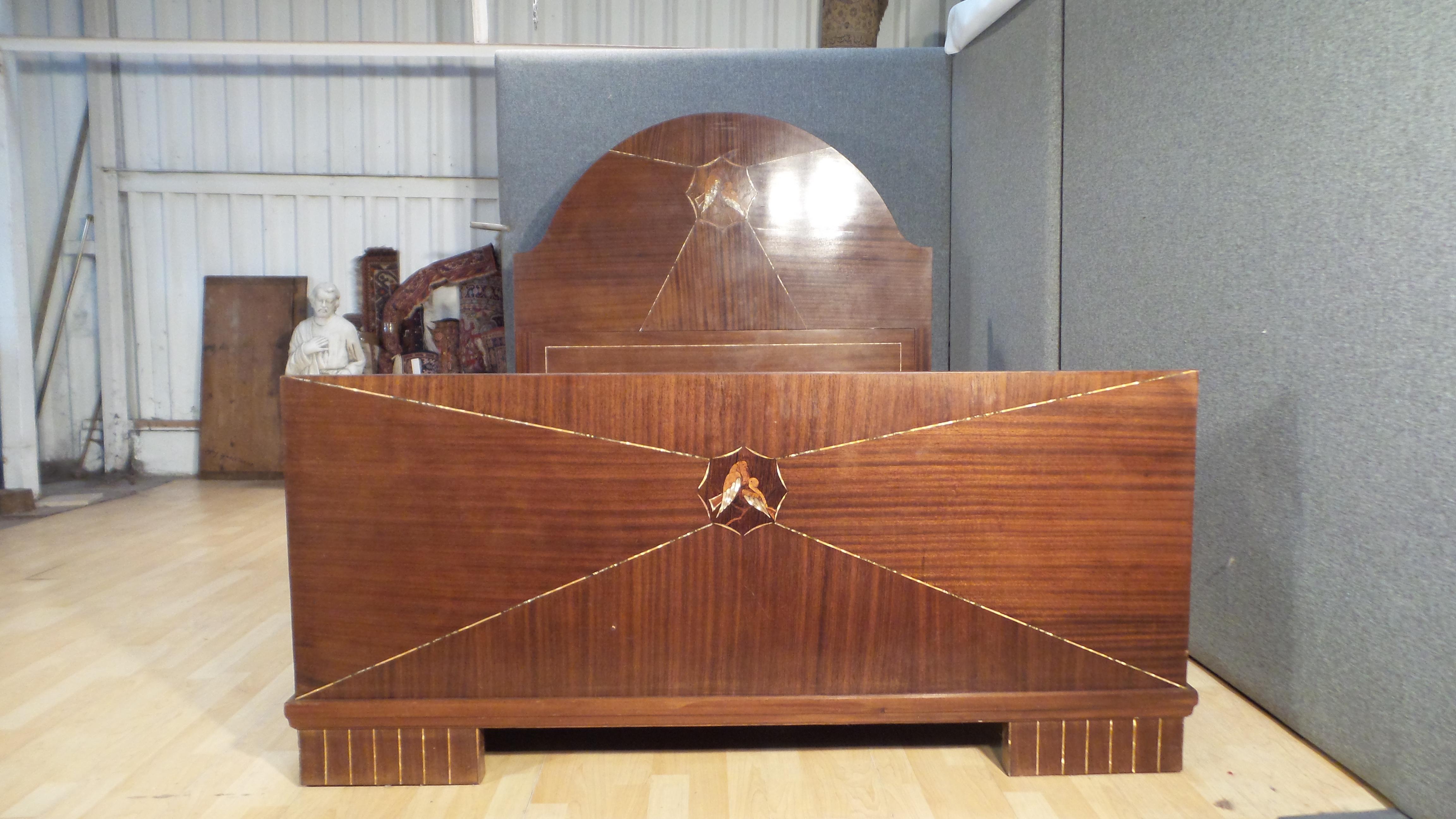 Mahogany Art Deco French Walnut Double or King Size Bed Inlaid with Love Birds circa 1930 For Sale