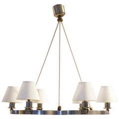 Art Deco French Wavy Nickeled Metal Chandelier & Clip-On Textile Shades, 1930s