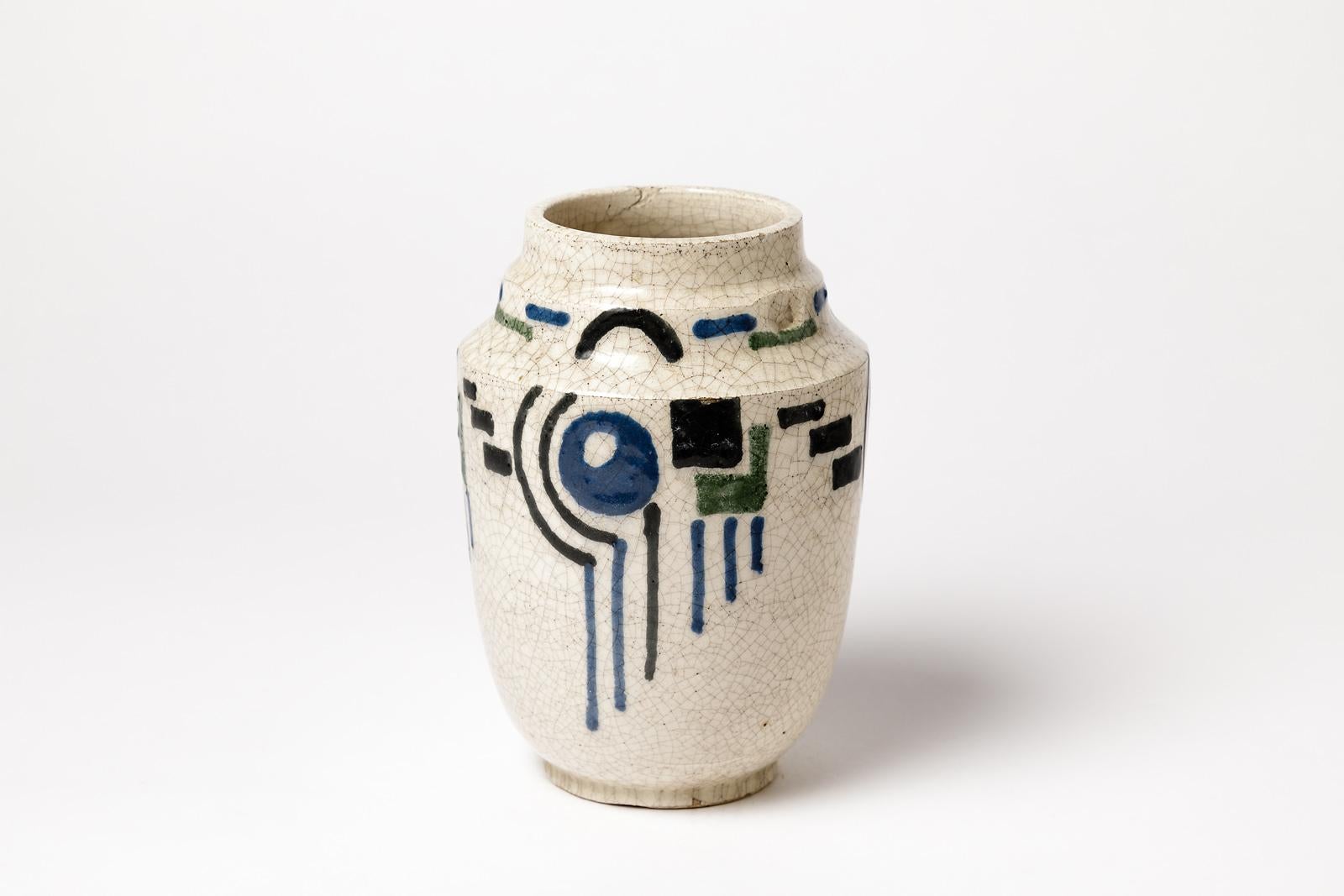 French 20th century Art Deco ceramic vase

Rich abstract or cubist decoration, circa 1930.

White ceramic vase with blue and black geometric decoration.

Original perfect conditions

Measures: Height 17cm, large 11cm.