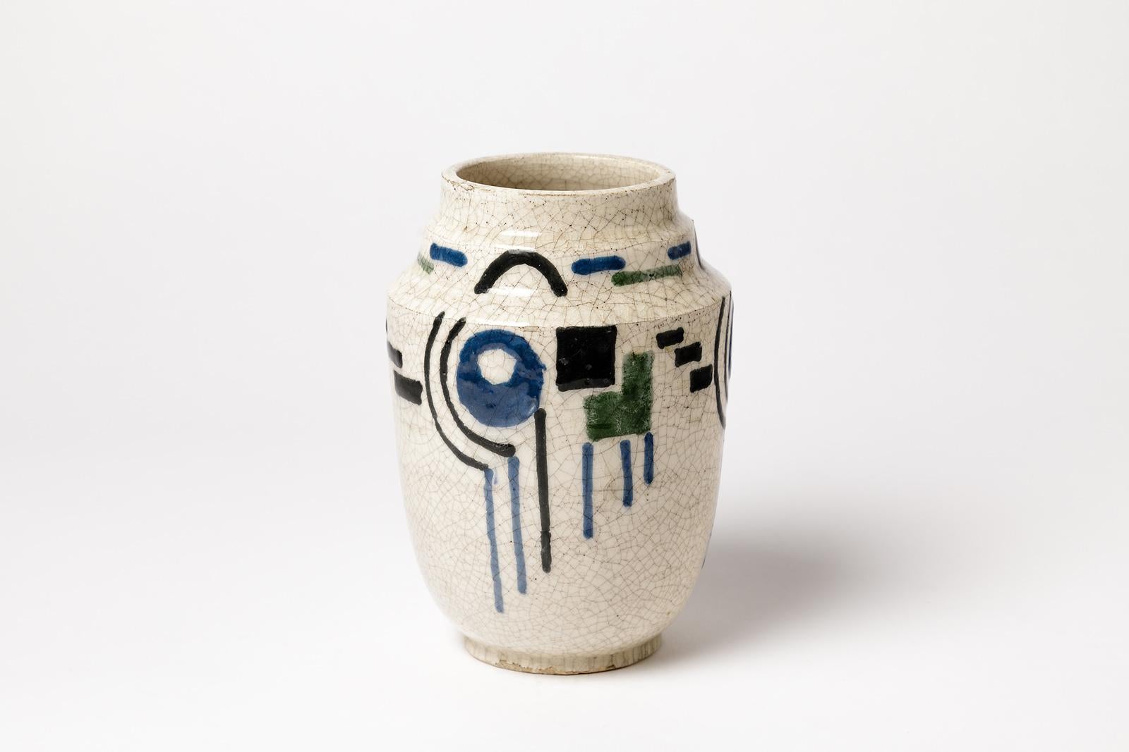 20th Century Art Deco French White and Blue Cubist Ceramic Vase, circa 1930