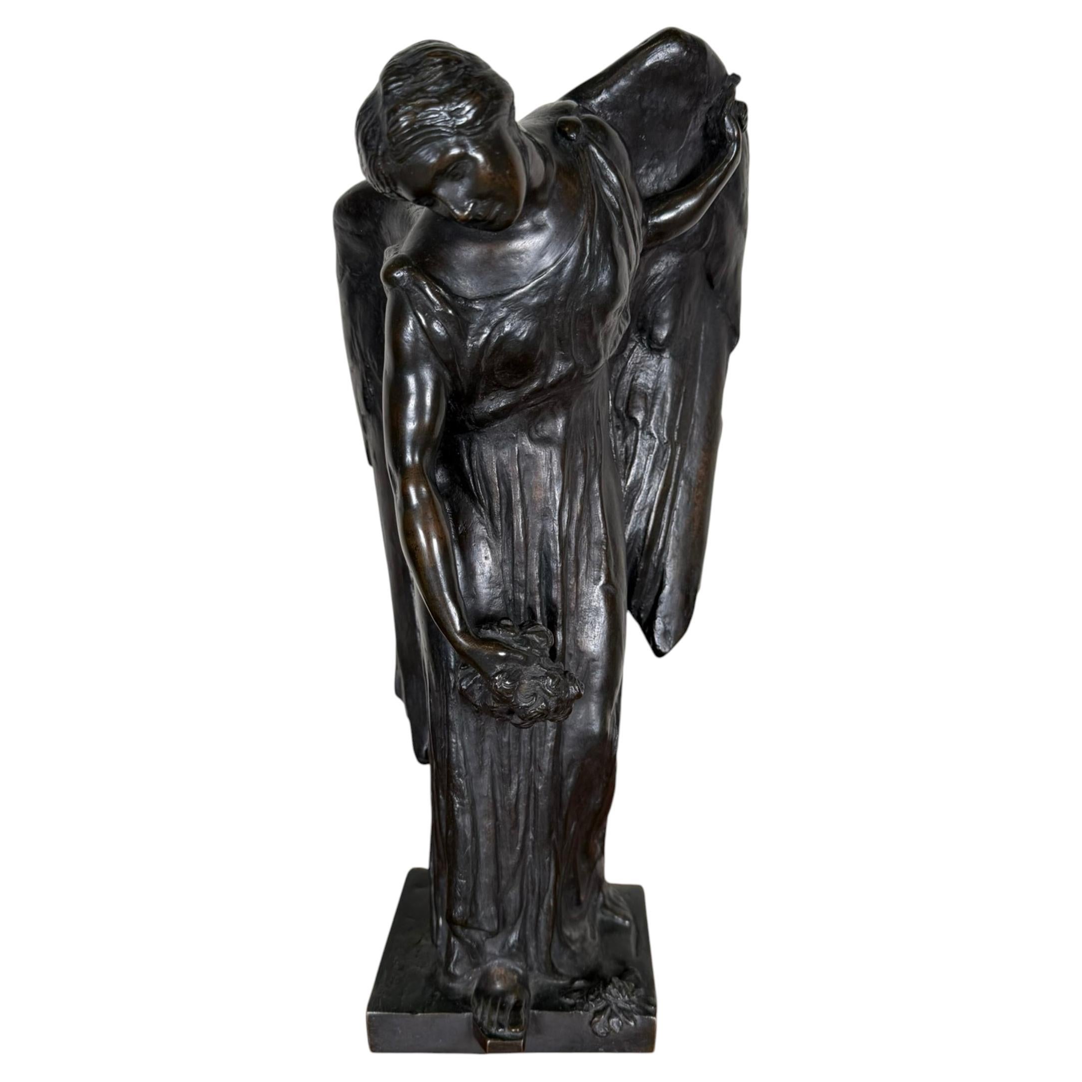 Art Deco French Winged Female Sculpture by Le Verrier, Patinated Metal Figure For Sale