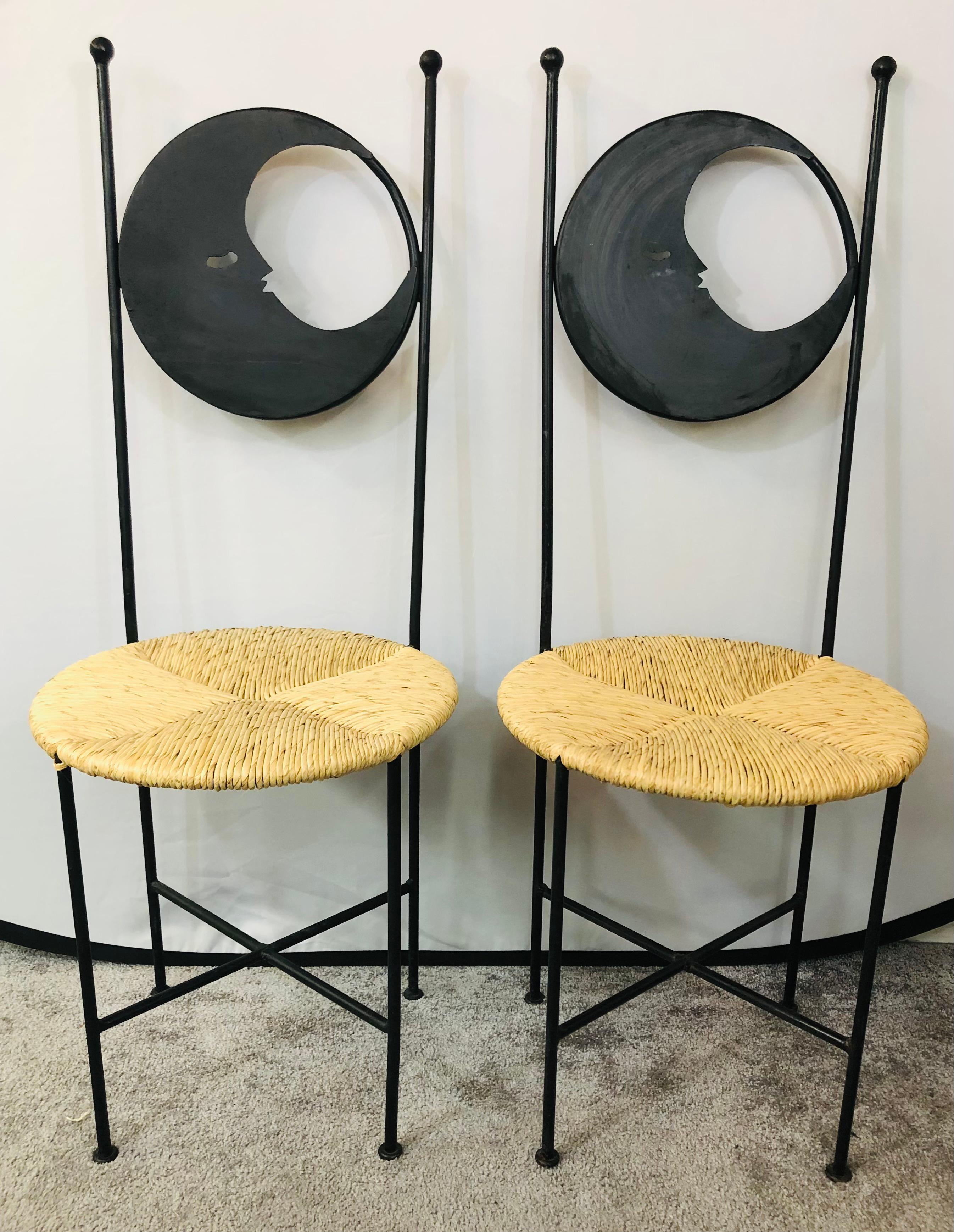 Art Deco French Wrought Iron Moon and Sun Rattan Seat Chairs, a Set of Four 6