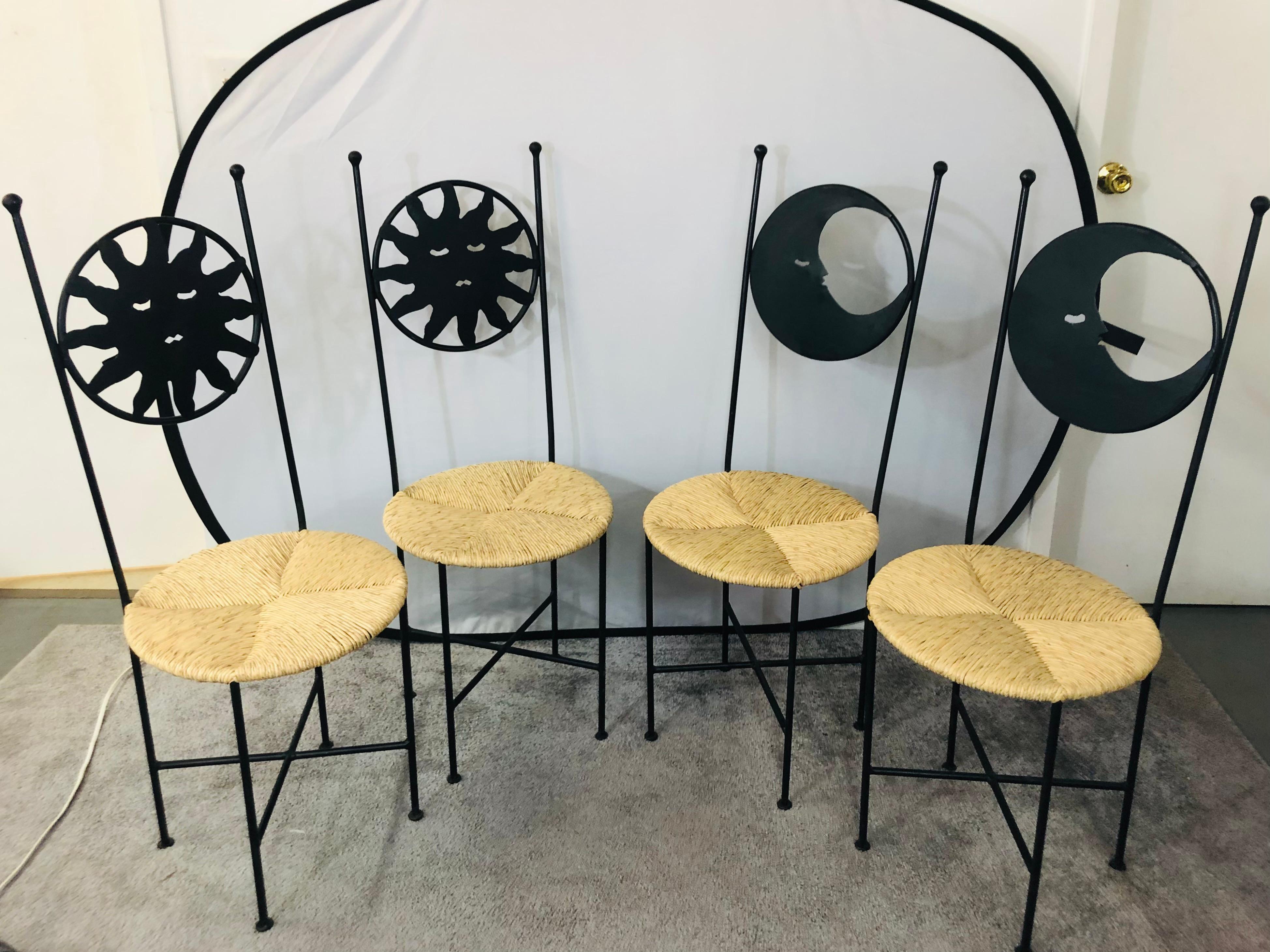 Art Deco French Wrought Iron Moon and Sun Rattan Seat Chairs, a Set of Four 14