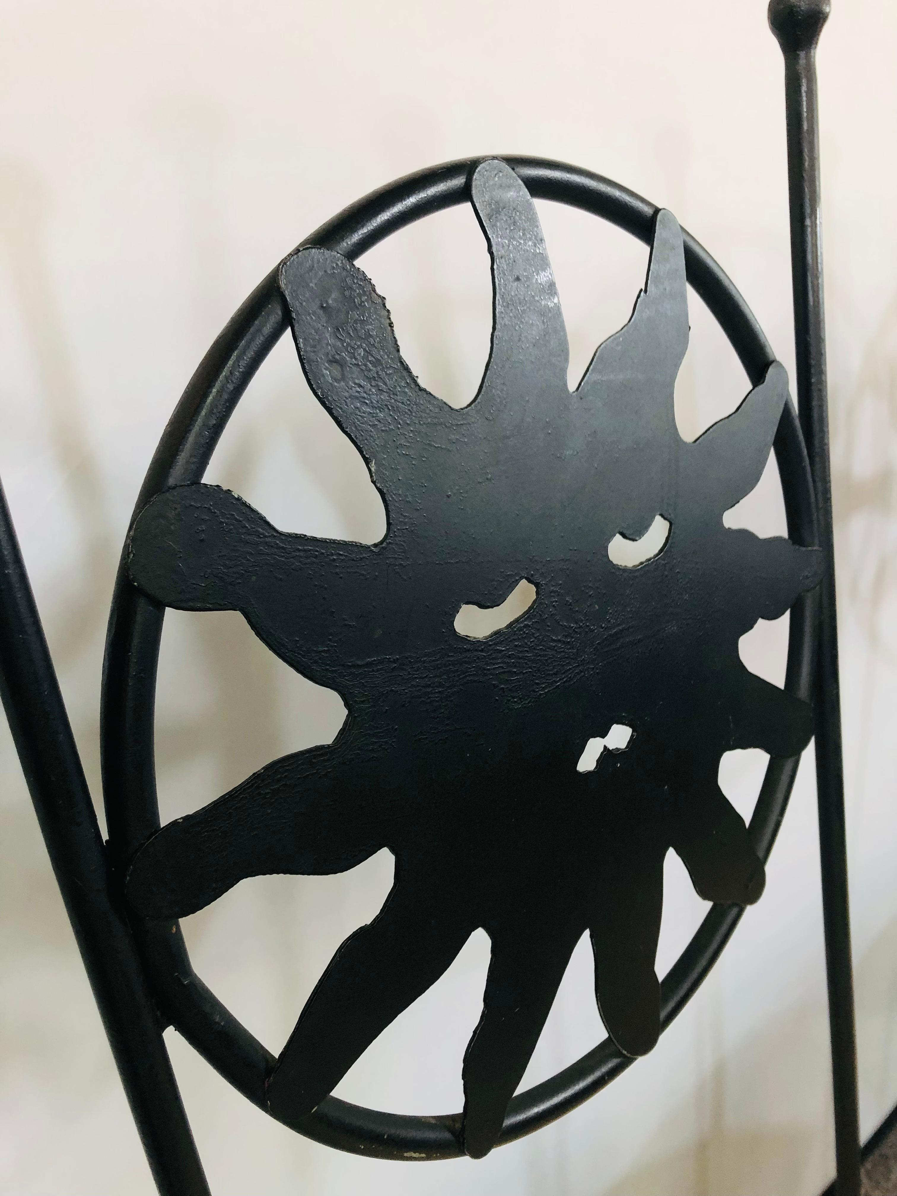Art Deco French Wrought Iron Moon and Sun Rattan Seat Chairs, a Set of Four In Good Condition In Plainview, NY