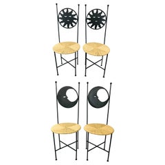 Vintage Art Deco French Wrought Iron Moon and Sun Rattan Seat Chairs, a Set of Four