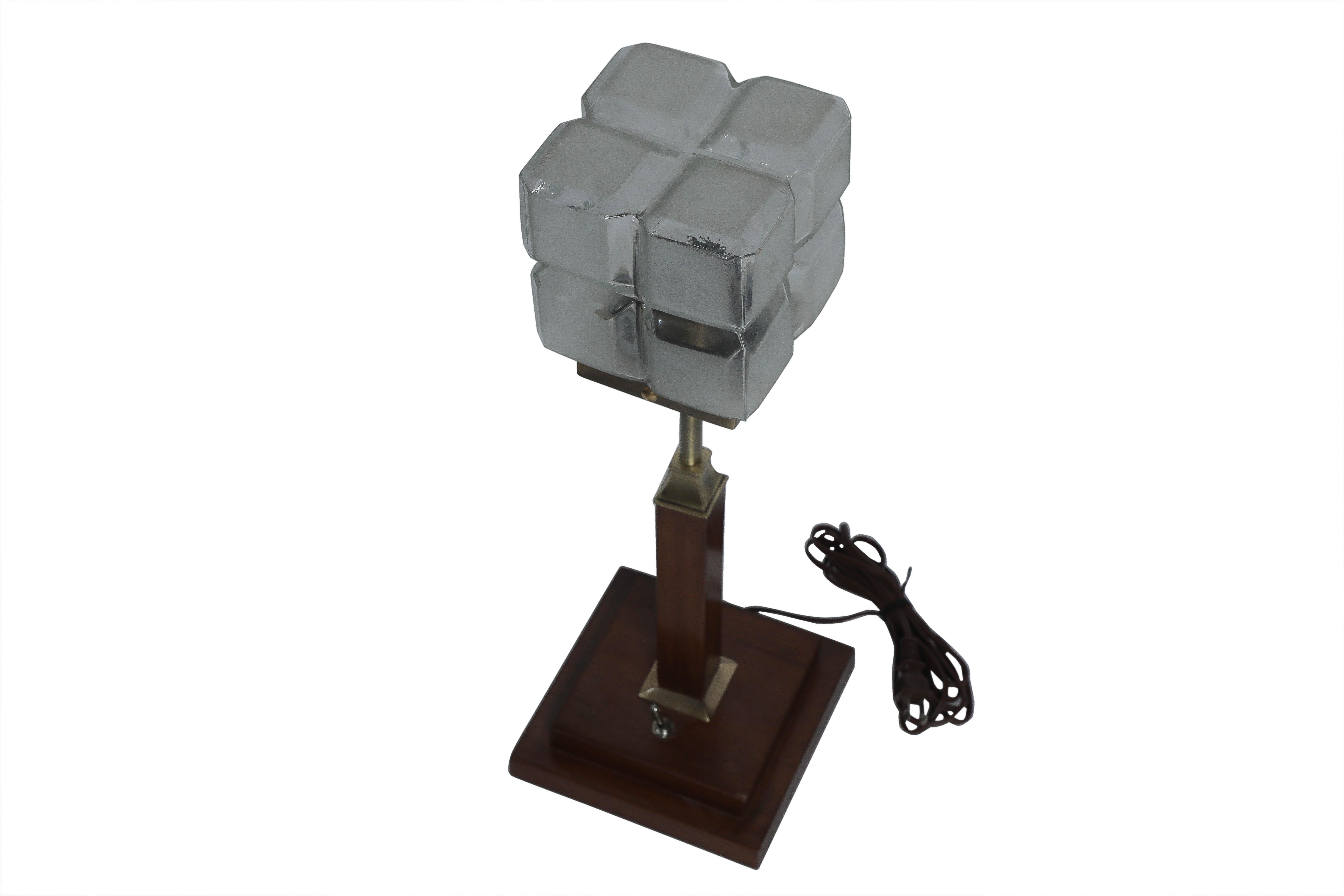 European Art Deco Frosted Art Glass Shade on Teak Base For Sale