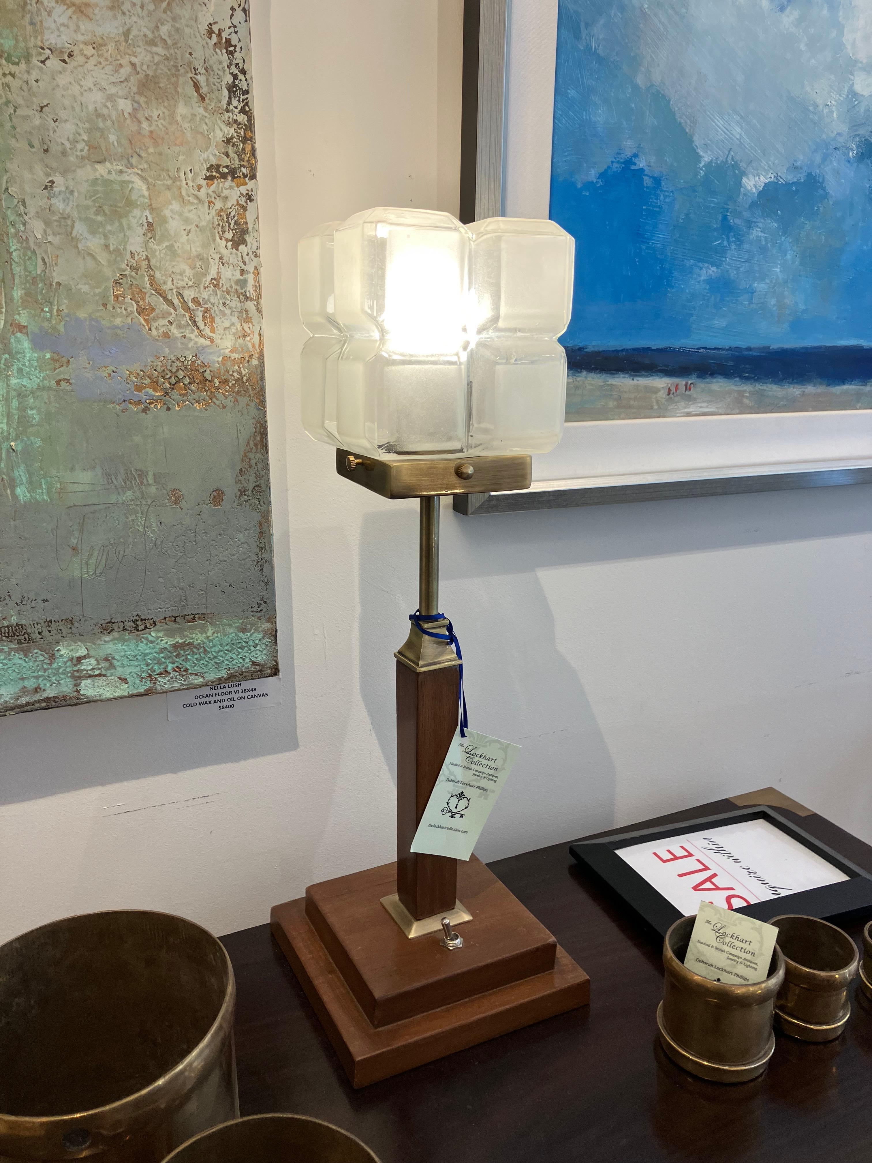 20th Century Art Deco Frosted Art Glass Shade on Teak Base For Sale