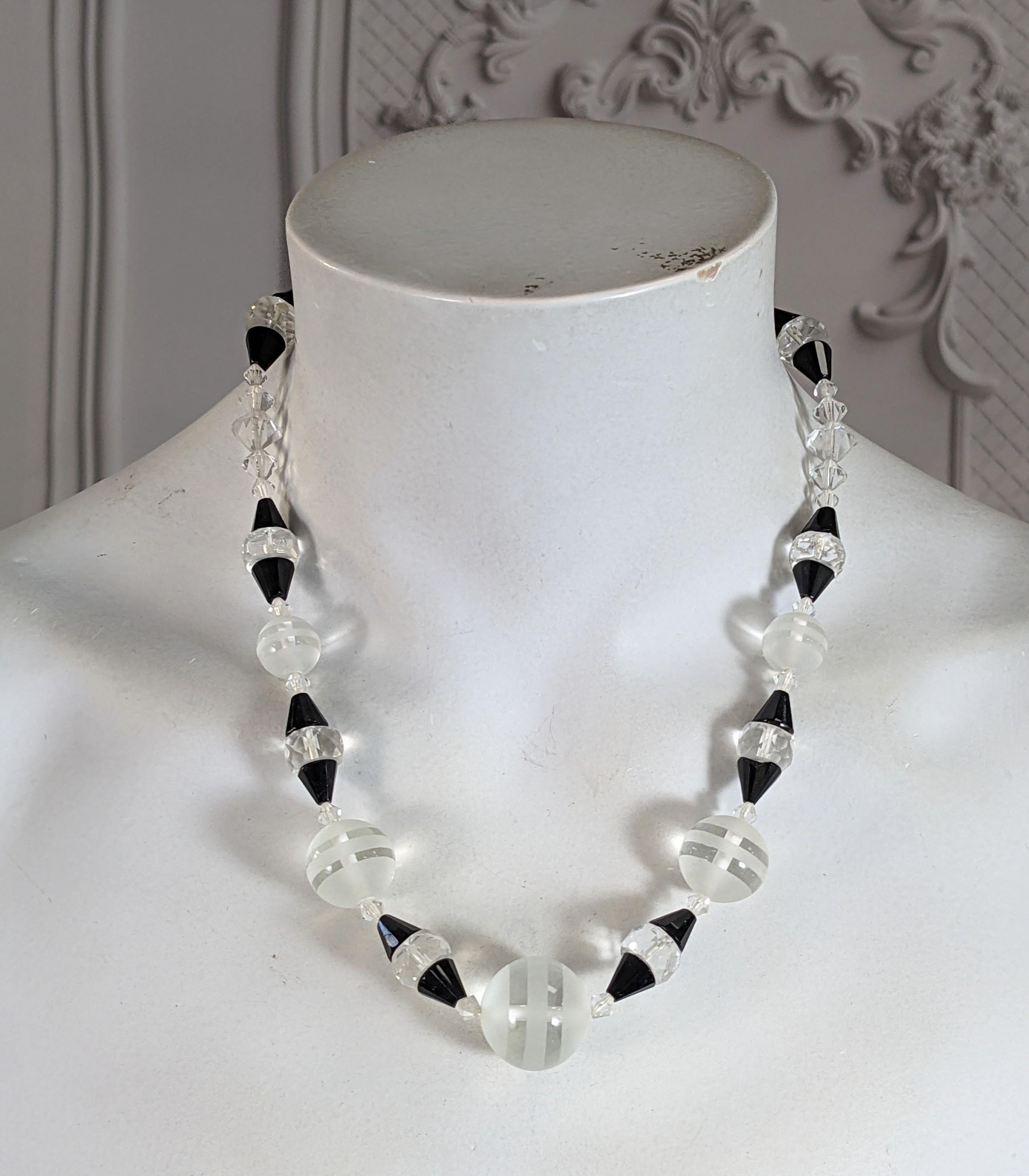 Women's or Men's Art Deco Frosted Crystal and Jet Bead Necklace For Sale