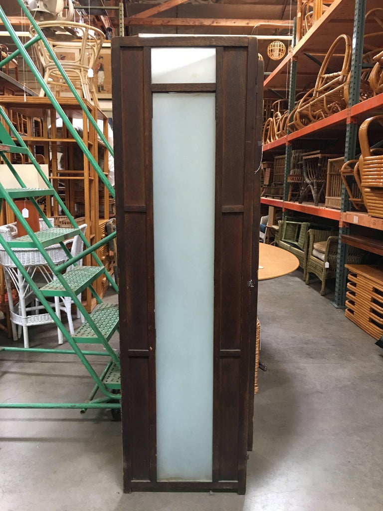 Art Deco Frosted Glass and Oak Slat Folding Screen Room Divider For