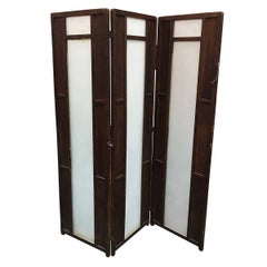 Art Deco Frosted Glass and Oak Slat Folding Screen Room Divider
