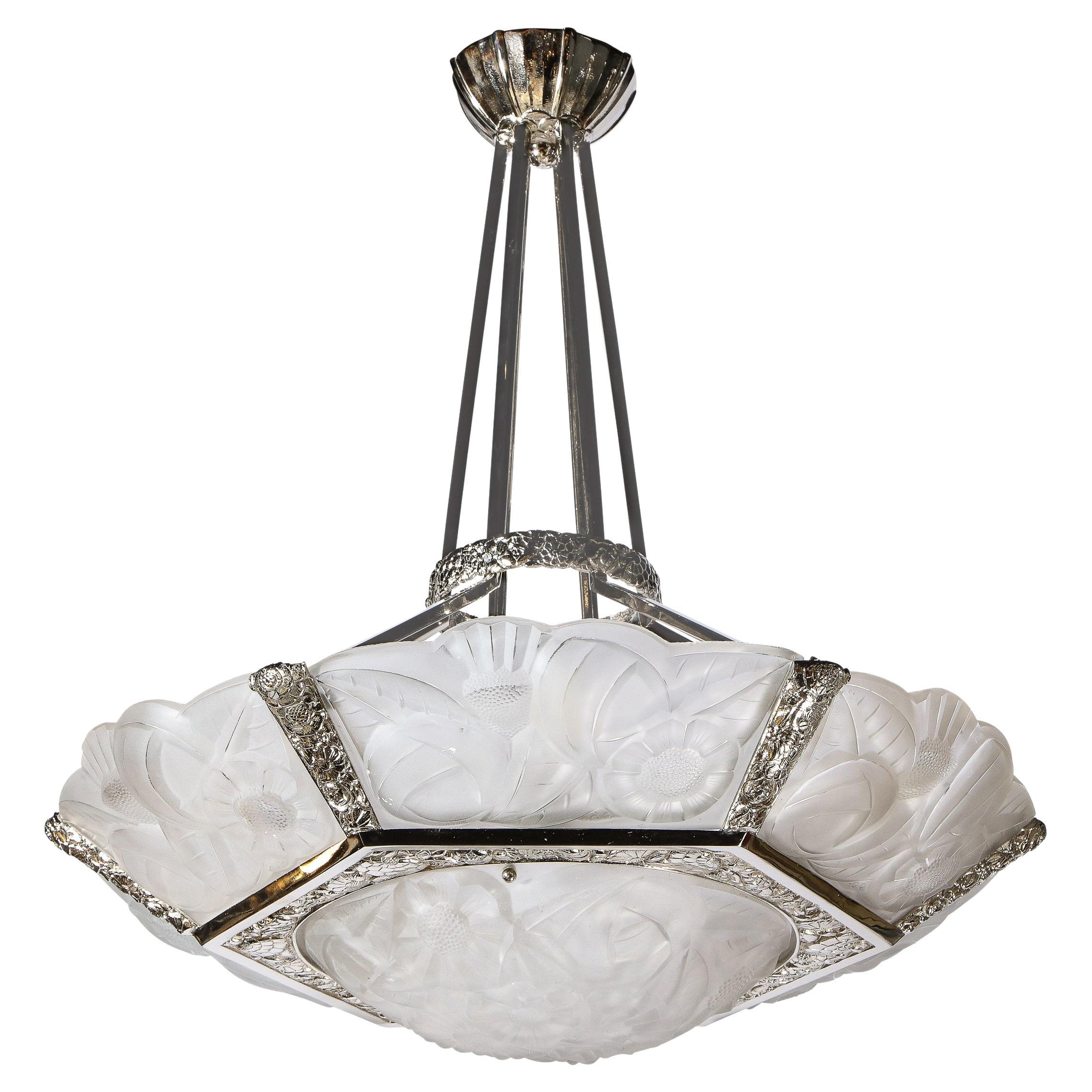 Art Deco Frosted Glass and Silvered Bronze Hexagonal Form Chandelier by Degue