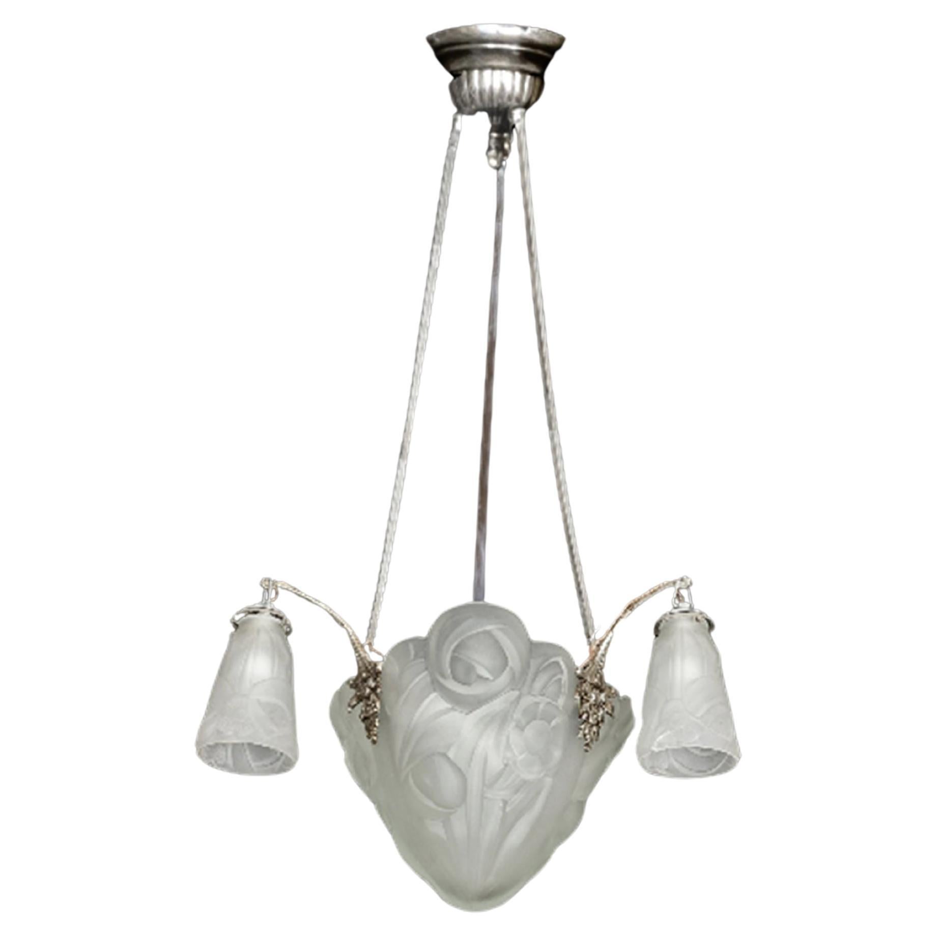 Art Deco Frosted Glass Chandelier By Degue & Petitot