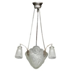 Vintage Art Deco Frosted Glass Chandelier By Degue & Petitot