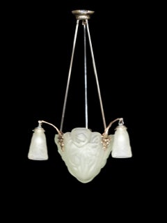 Art Deco Frosted Glass Chandelier Ceiling Lamp By Degue & Petitot