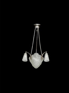 Art Deco Kronleuchter aus Milchglas Deckenlampe von Degue & Petitot
